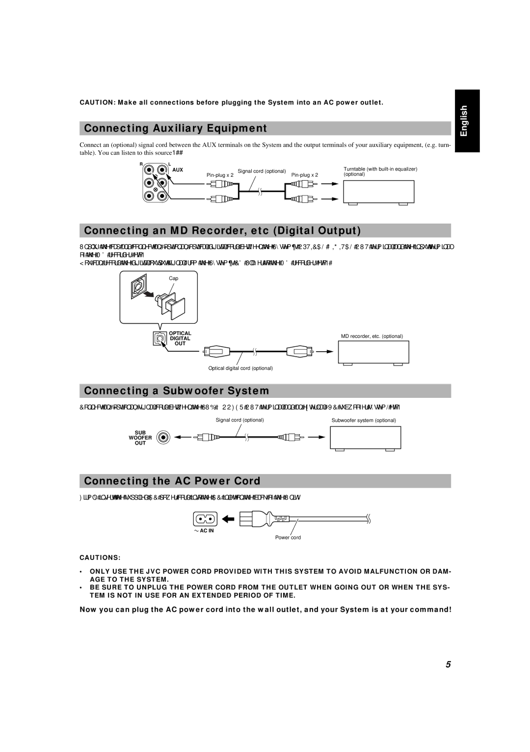 JVC UX-5500R Connecting Auxiliary Equipment, Connecting an MD Recorder, etc Digital Output, Connecting a Subwoofer System 