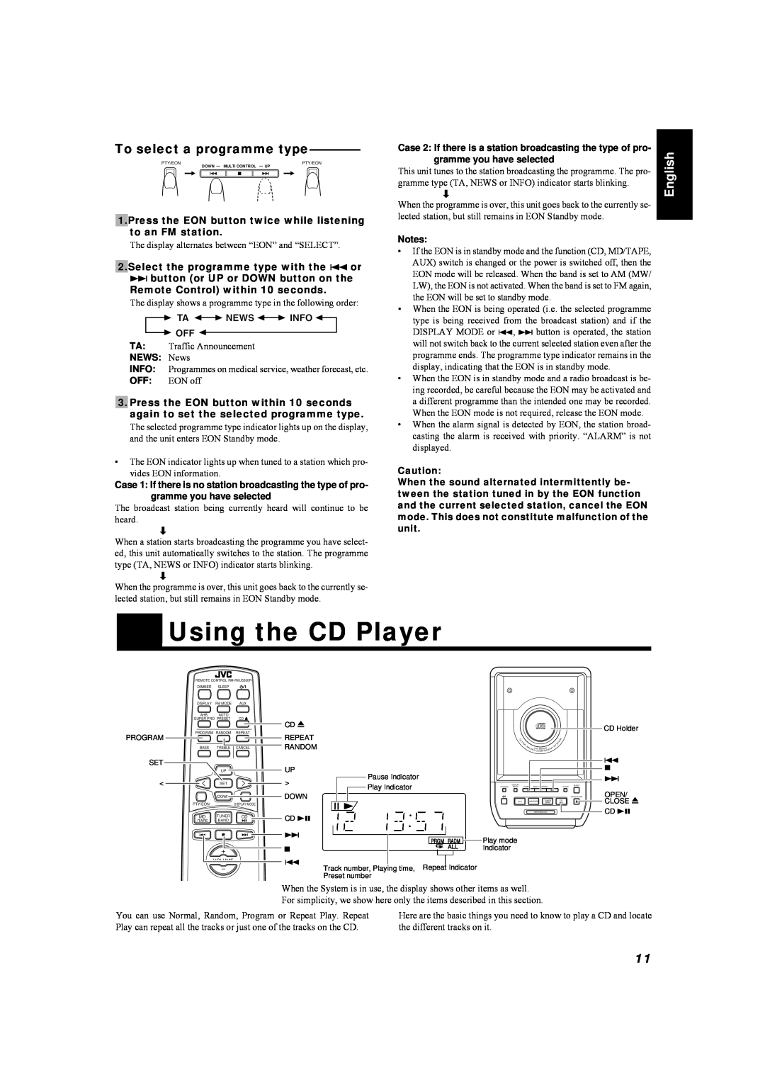 JVC UX-5500R manual Using the CD Player, To select a programme type, English 