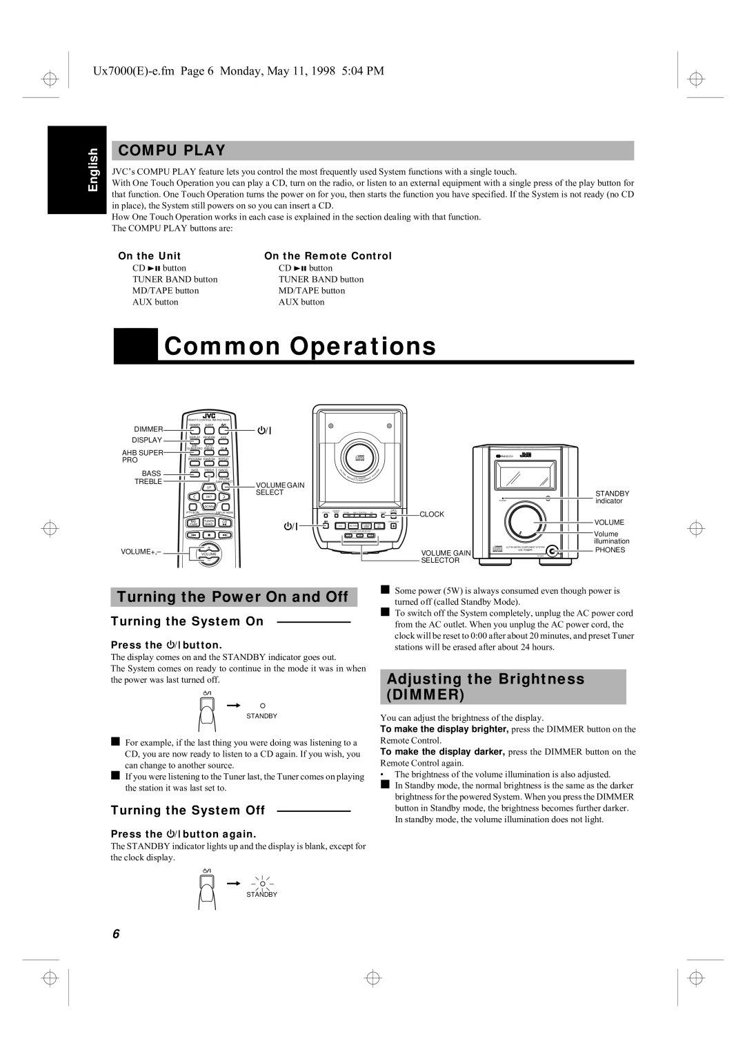 JVC UX-7000R Common Operations, Compu Play, Turning the Power On and Off, Turning the System On, Turning the System Off 