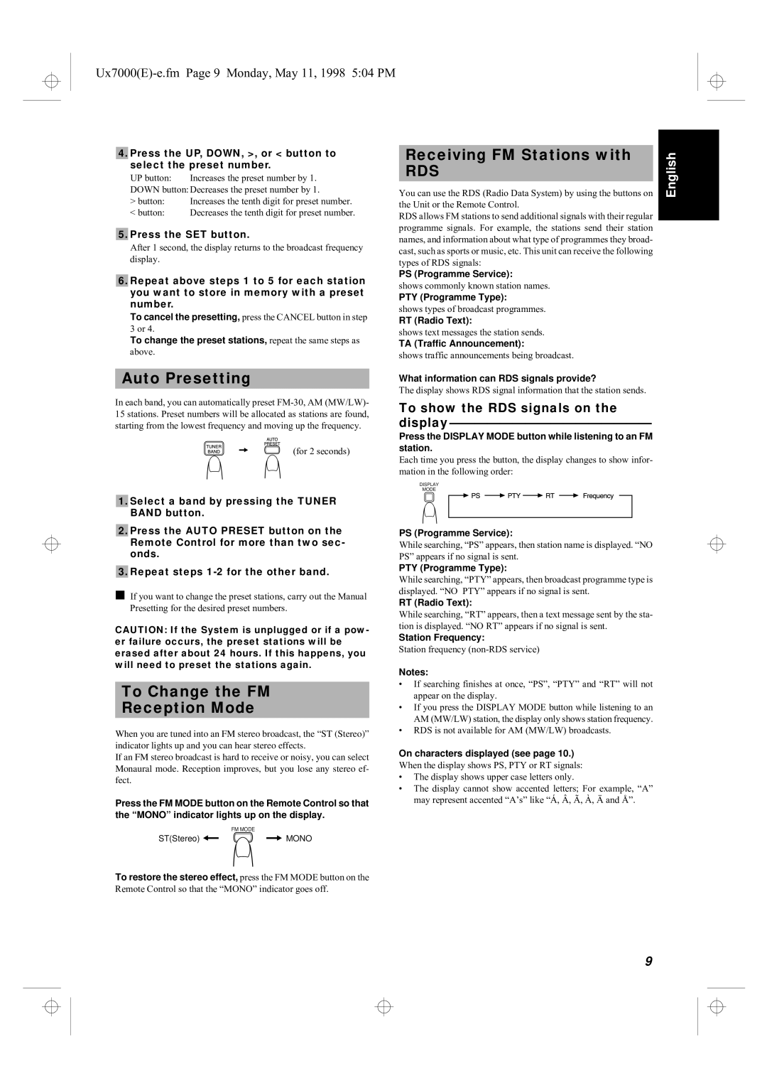 JVC UX-7000R manual Auto Presetting, To Change the FM Reception Mode, Receiving FM Stations with, Rds 