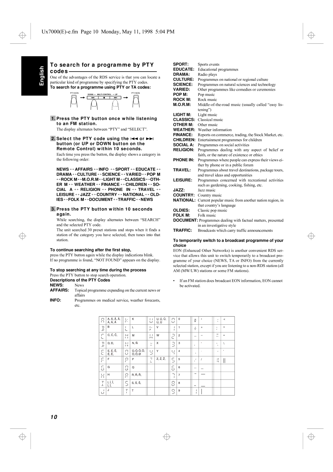 JVC UX-7000R manual To search for a programme by PTY codes, Press the PTY button once while listening to an FM station 