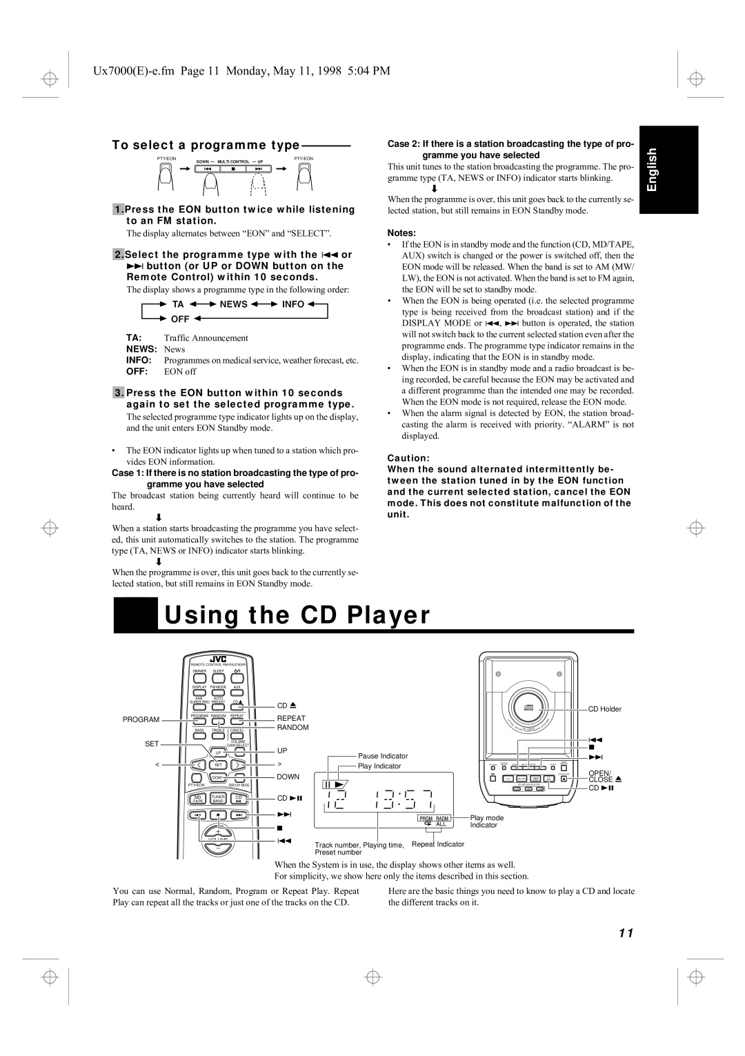 JVC UX-7000R Using the CD Player, To select a programme type, Press the EON button twice while listening to an FM station 