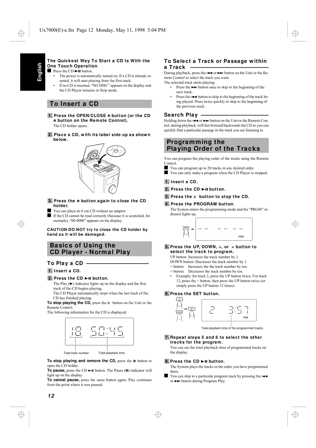 JVC UX-7000R manual To Insert a CD, Basics of Using CD Player Normal Play, Programming Playing Order of the Tracks 