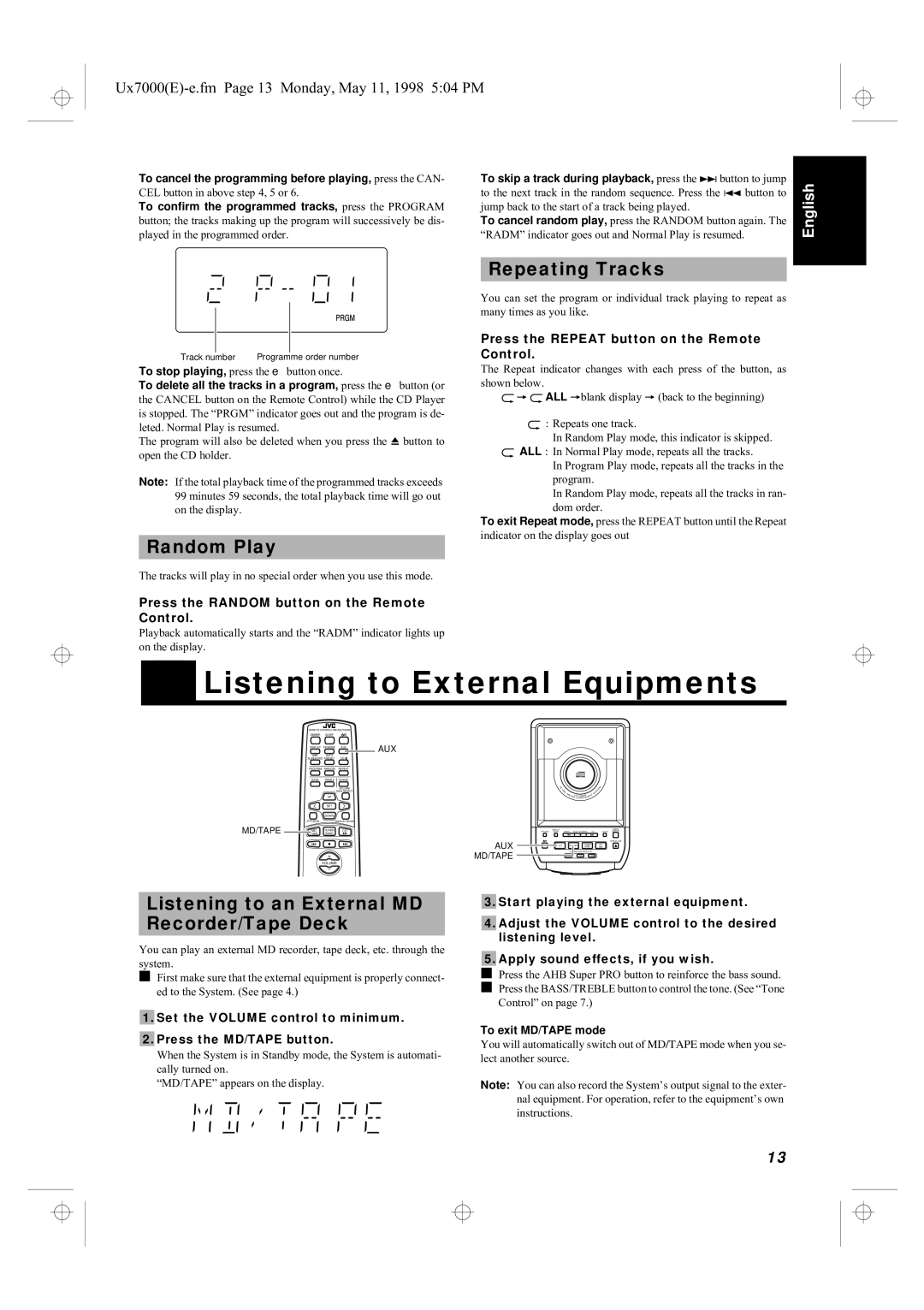 JVC UX-7000R manual Listening to External Equipments, Repeating Tracks, Random Play, Start playing the external equipment 