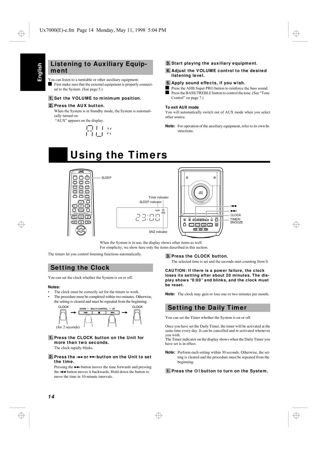 JVC UX-7000R manual Using the Timers, Listening to Auxiliary Equip- ment, Setting the Clock, Setting the Daily Timer 