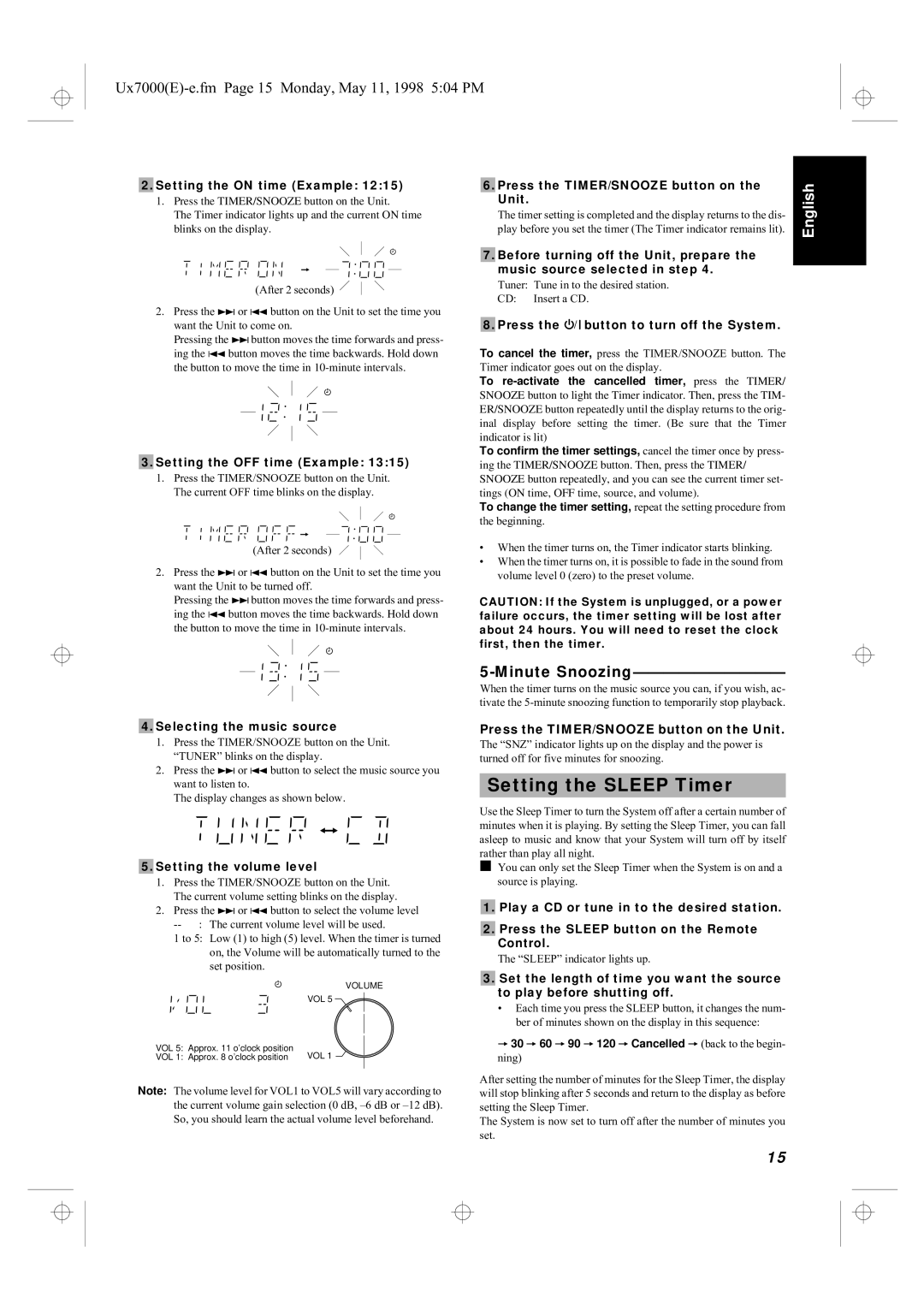 JVC UX-7000R manual Setting the Sleep Timer, Minute Snoozing 