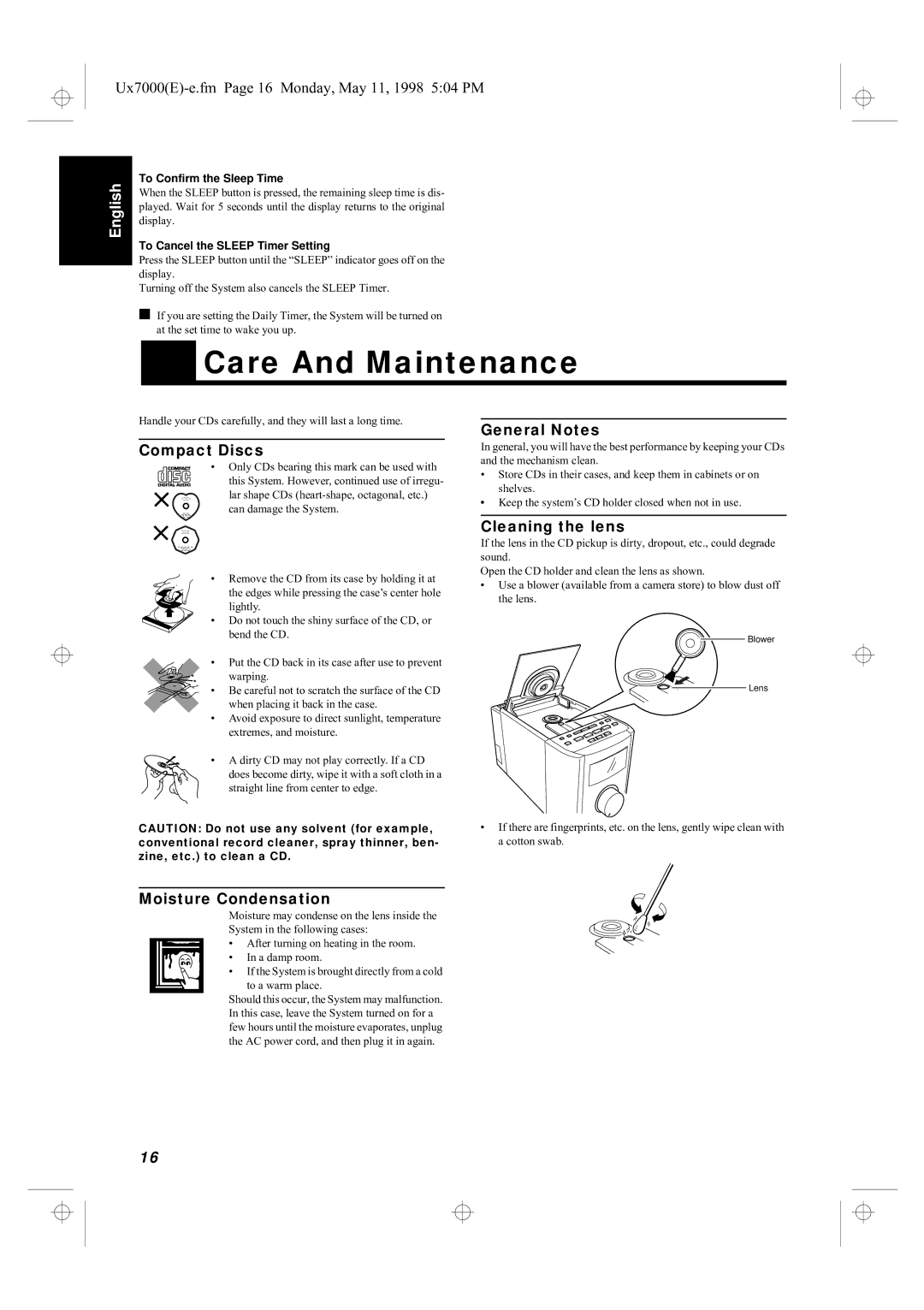 JVC UX-7000R manual Care And Maintenance, Compact Discs, Moisture Condensation, General Notes, Cleaning the lens 