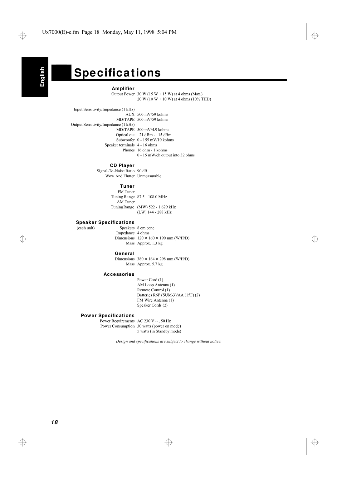 JVC UX-7000R manual Specifications 