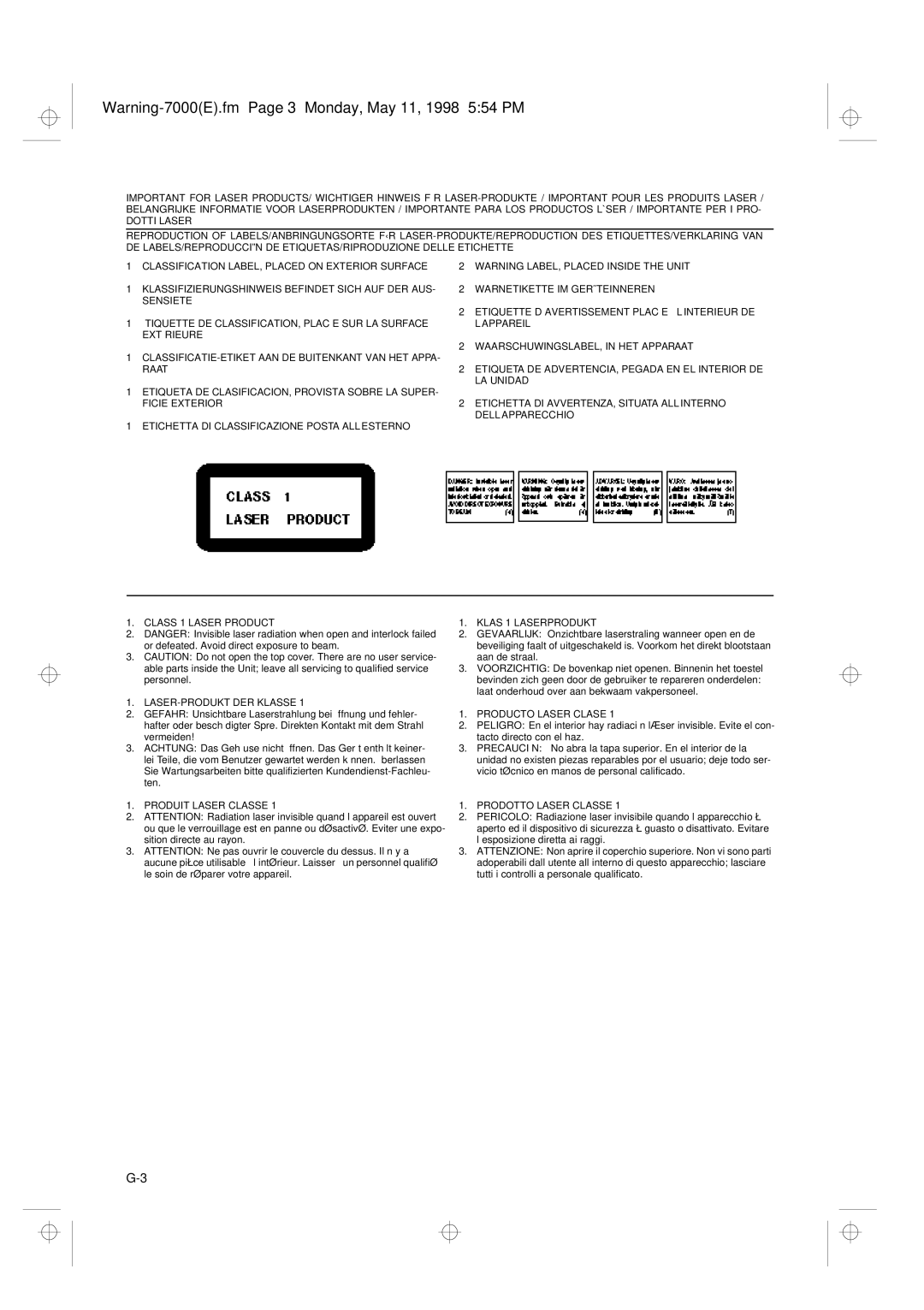 JVC UX-7000R manual LASER-PRODUKT DER Klasse 