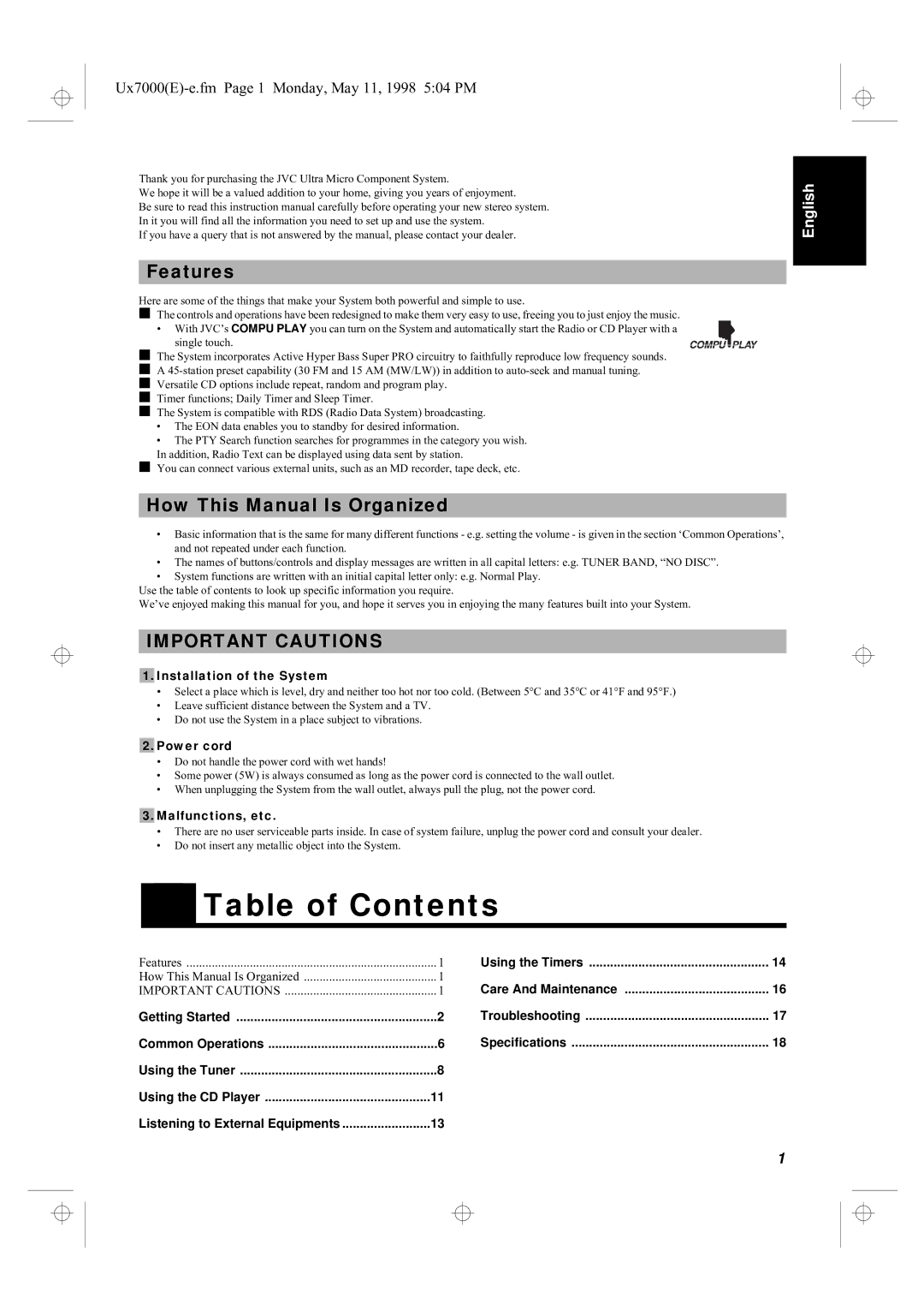 JVC UX-7000R manual Table of Contents 