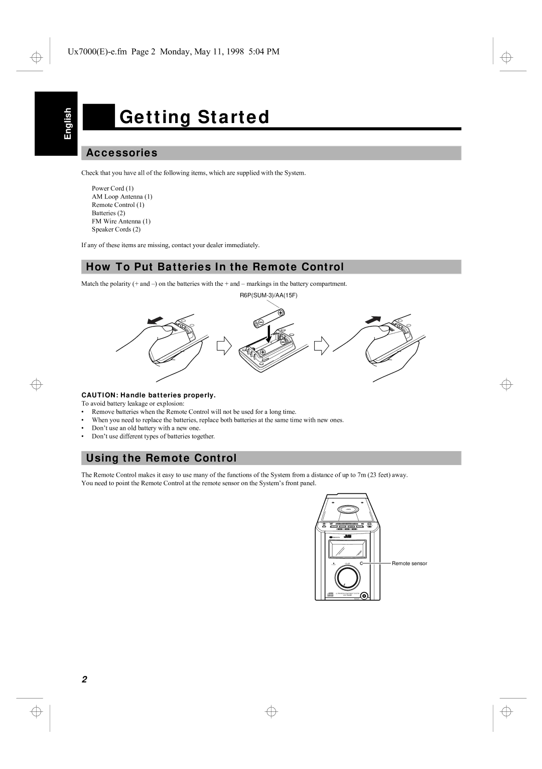 JVC UX-7000R manual Getting Started, Accessories, How To Put Batteries In the Remote Control, Using the Remote Control 