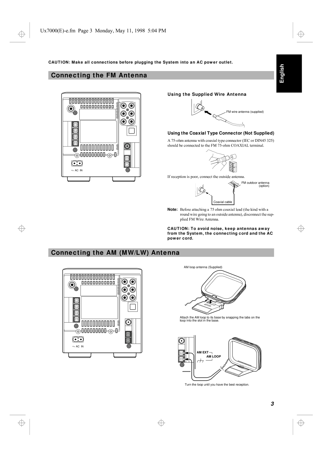 JVC UX-7000R manual Connecting the FM Antenna, Connecting the AM MW/LW Antenna, Using the Supplied Wire Antenna 