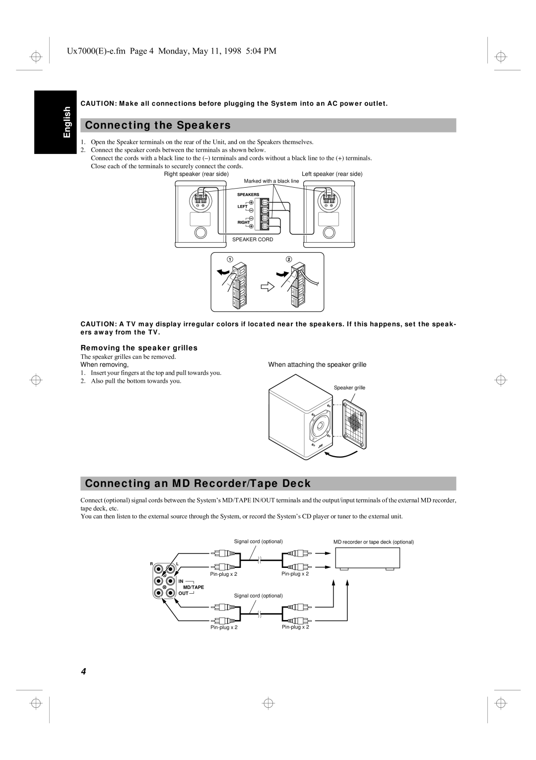 JVC UX-7000R Connecting the Speakers, Connecting an MD Recorder/Tape Deck, Removing the speaker grilles, Speaker Cord 