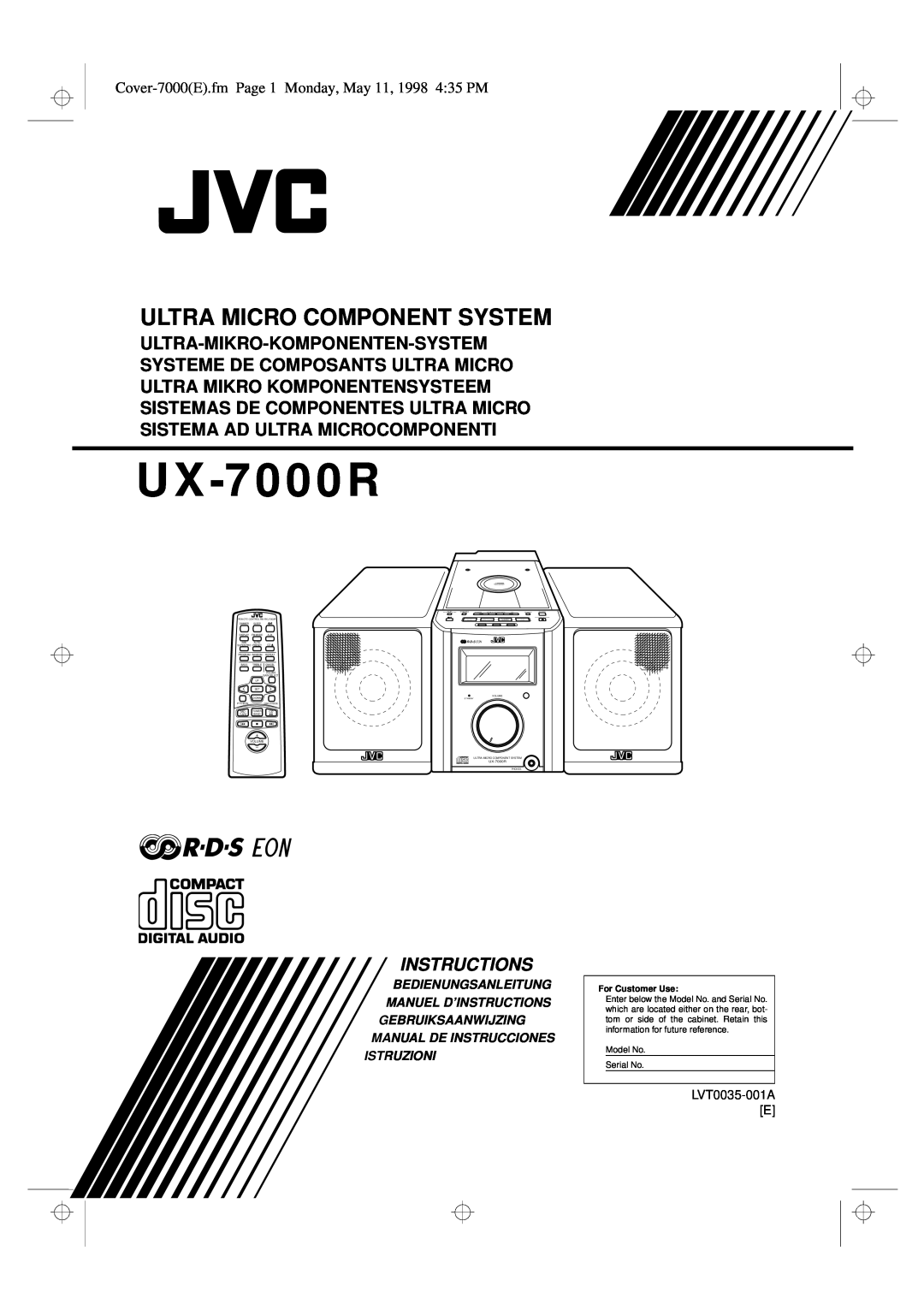 JVC UX-7000R manual Cover-7000E.fmPage 1 Monday, May 11, 1998 4 35 PM, Bedienungsanleitung Manuel D’Instructions 