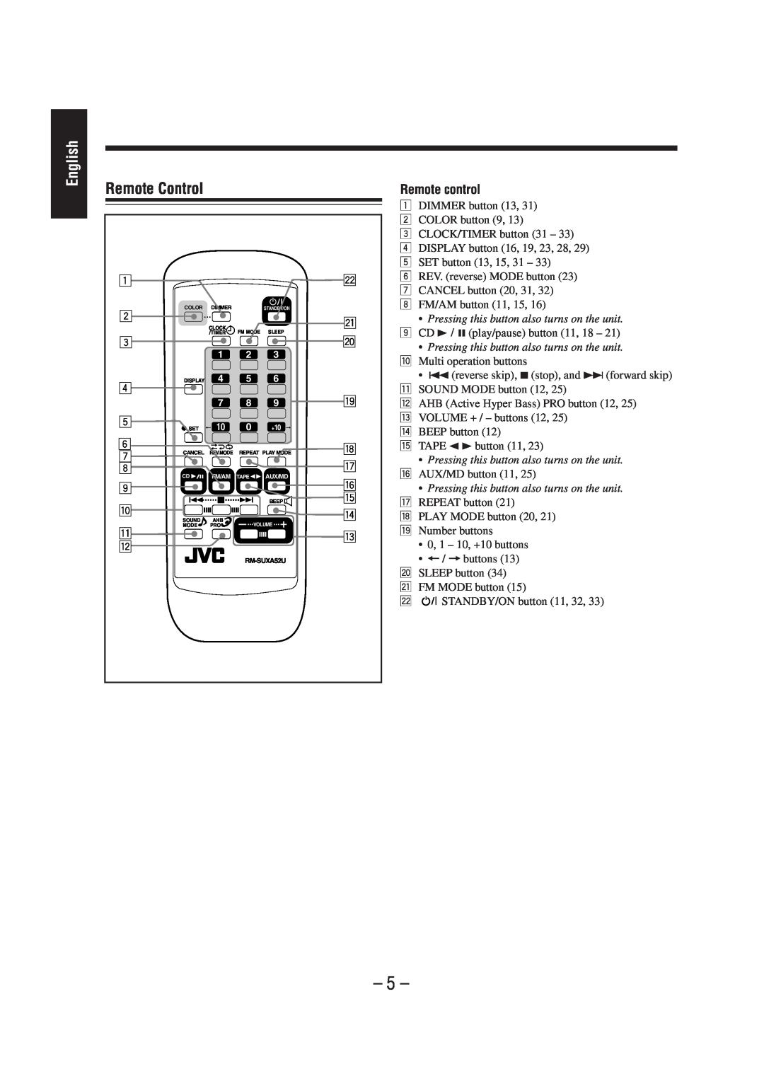 JVC UX-A52 manual Remote Control, Remote control, English 