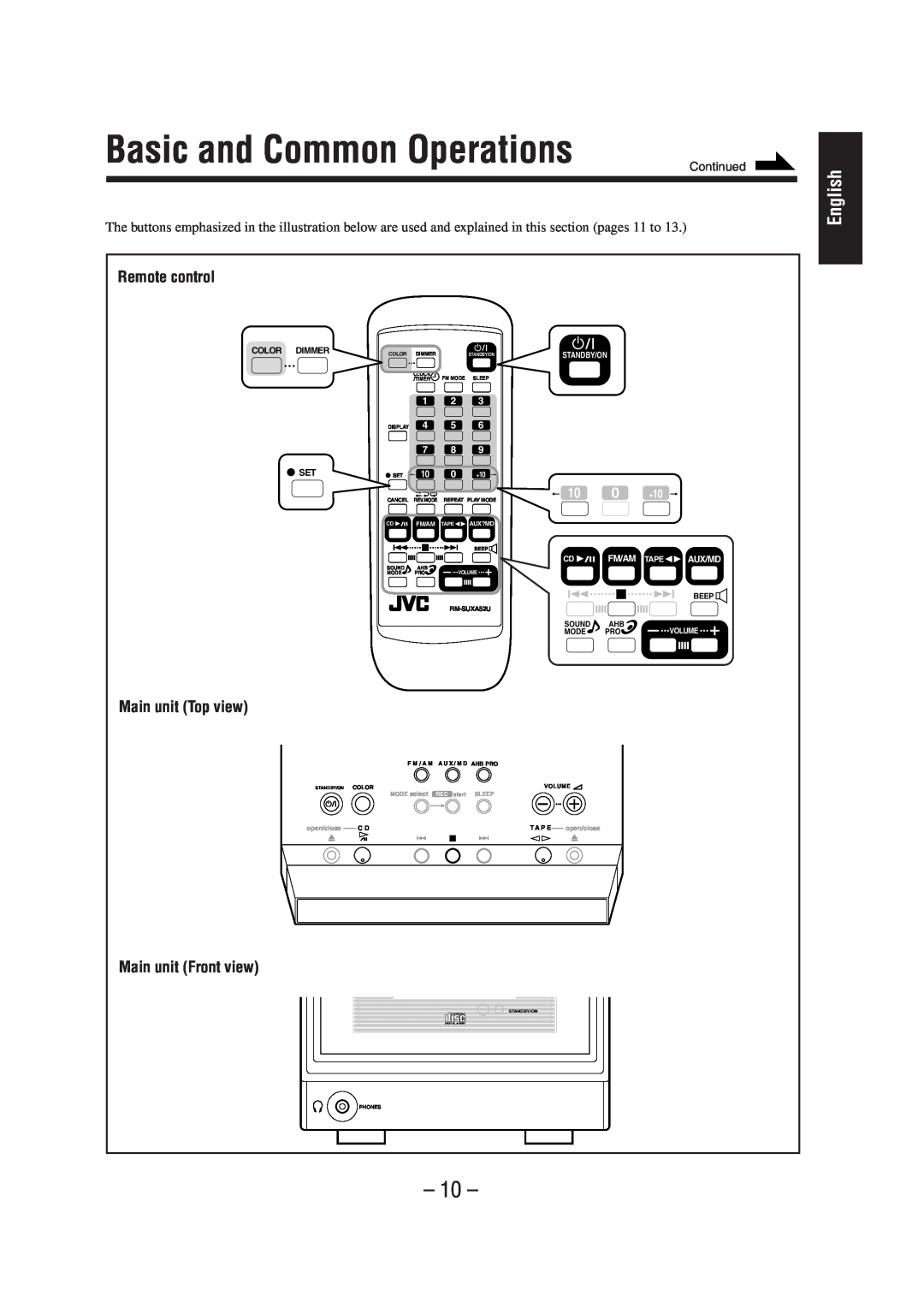 JVC UX-A52 Basic and Common Operations, Main unit Top view, Main unit Front view, English, Remote control, Continued, Tape 