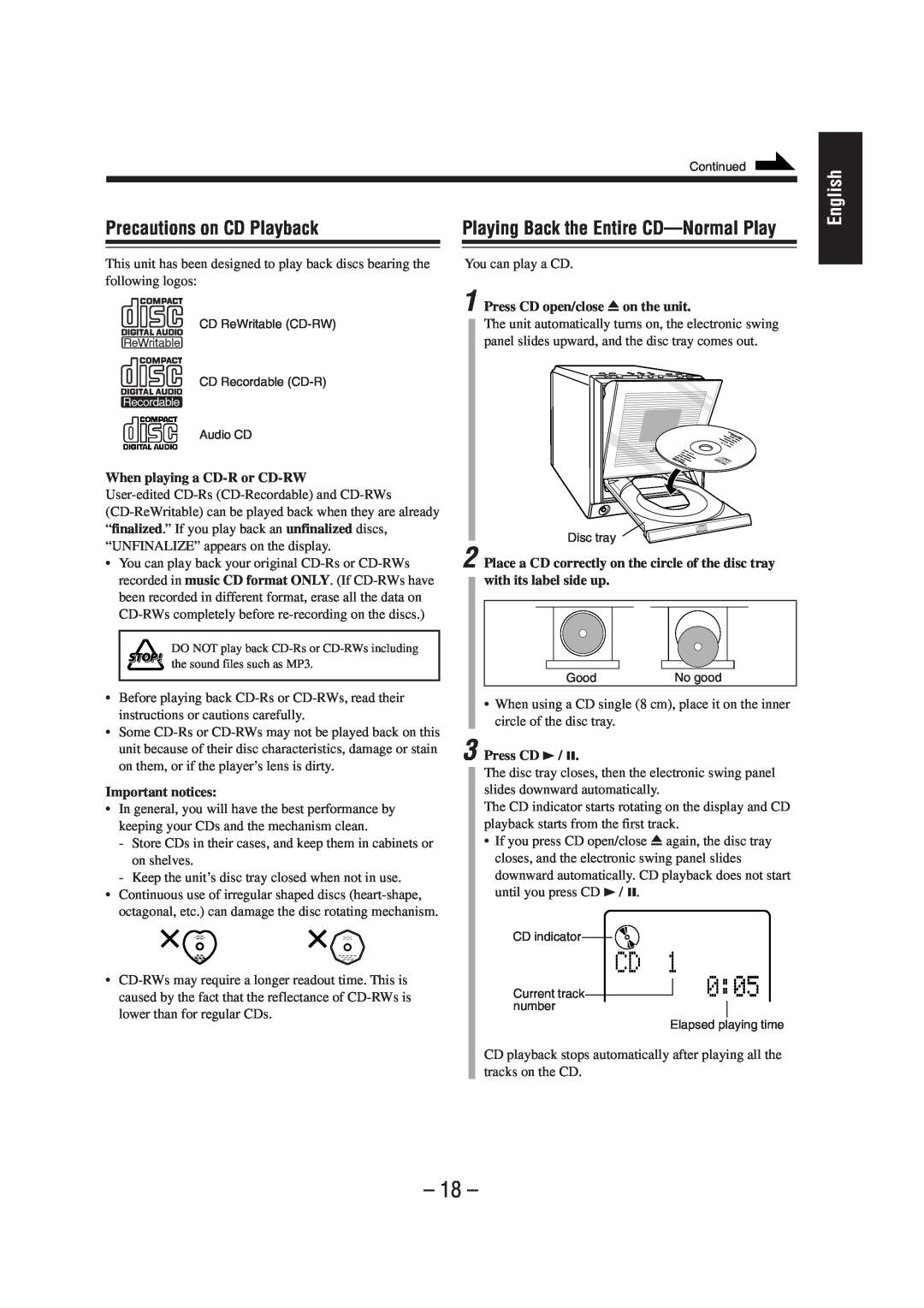 JVC UX-A52 manual Precautions on CD Playback, Playing Back the Entire CD-NormalPlay, English 