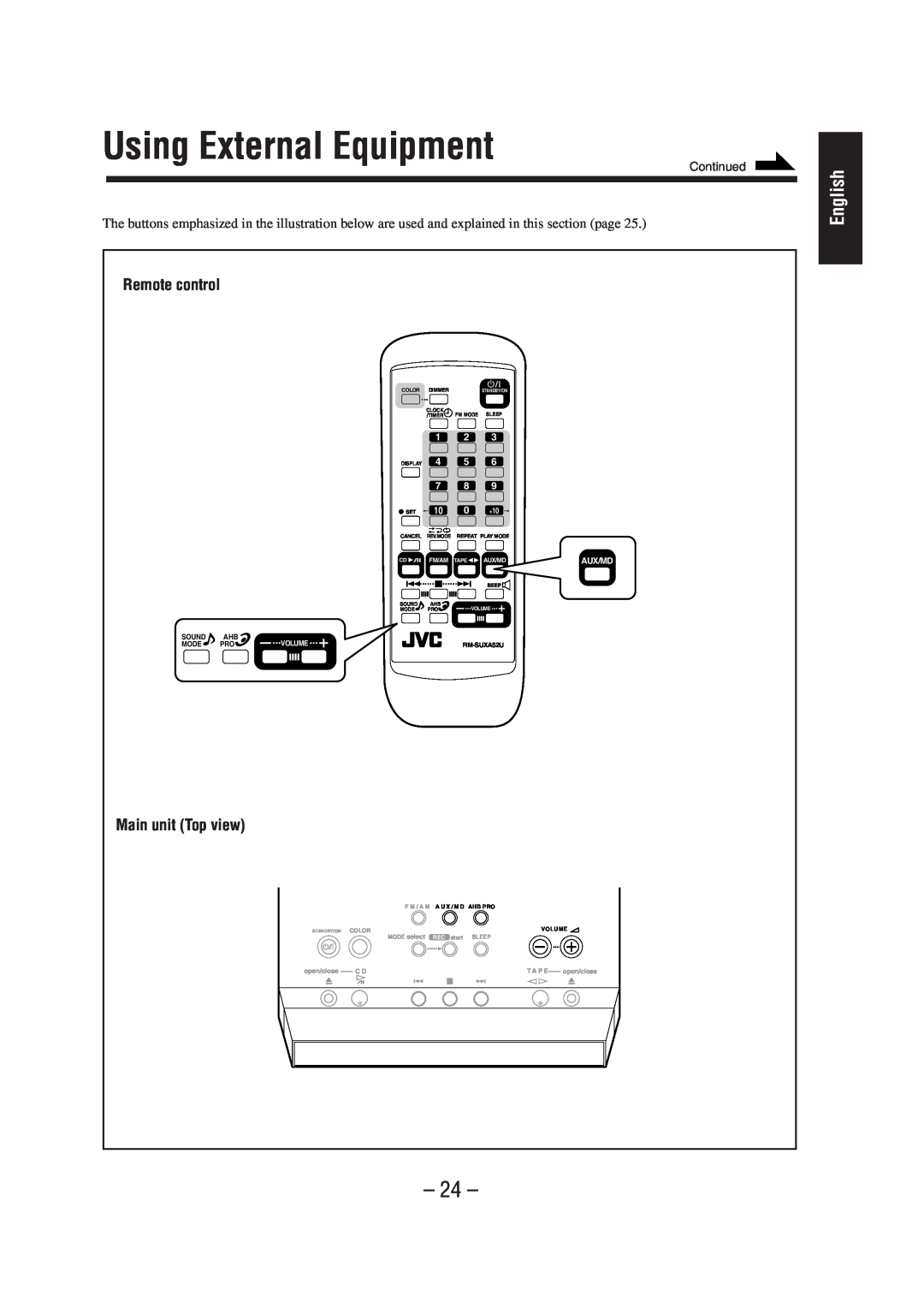 JVC UX-A52 manual Using External Equipment, English, Remote control, Main unit Top view, Continued 