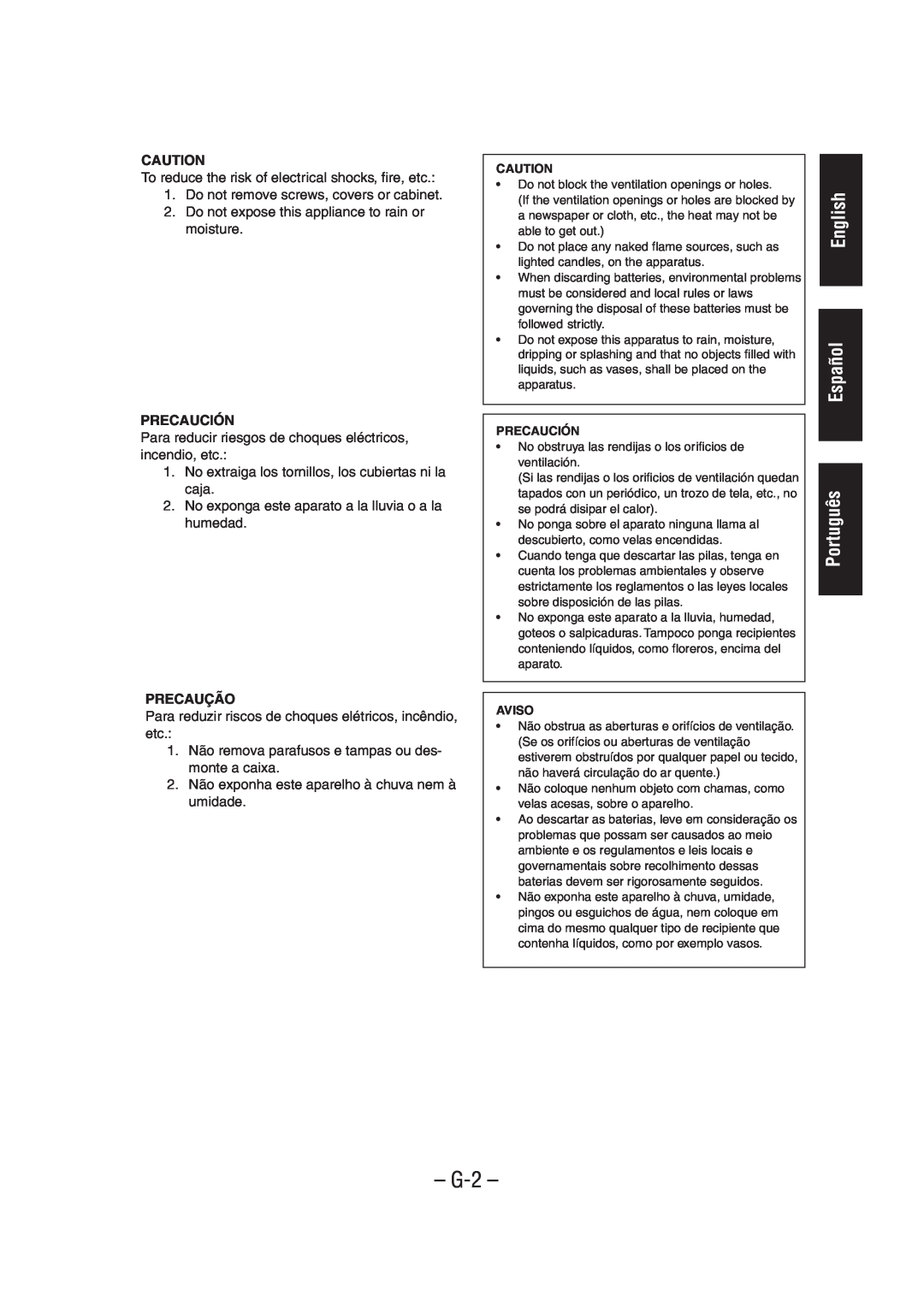 JVC UX-A52 manual English Español Português, Precaución, Precaução, G-2 