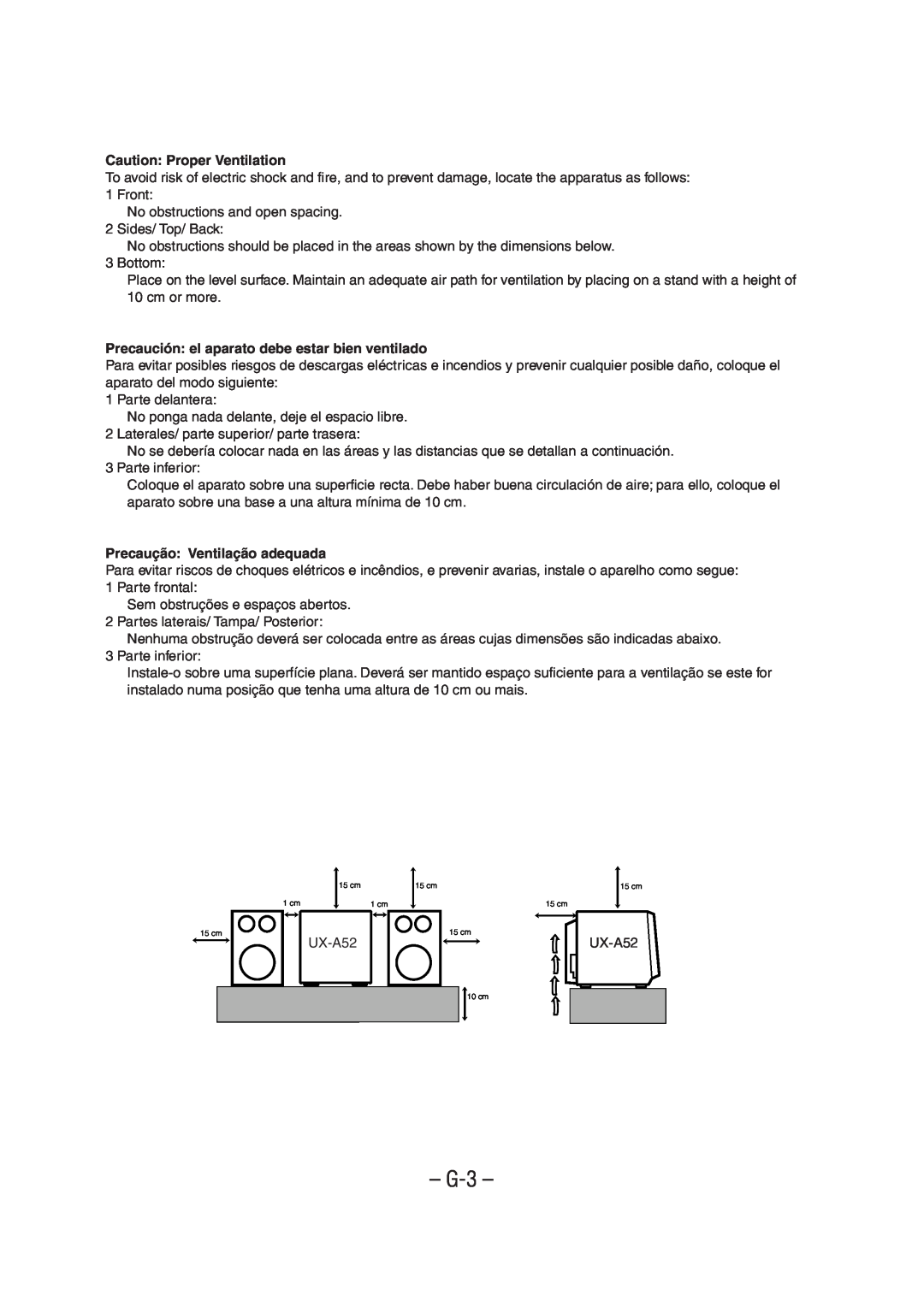 JVC UX-A52 Precaución el aparato debe estar bien ventilado, Precaução Ventilação adequada, G-3, Caution Proper Ventilation 
