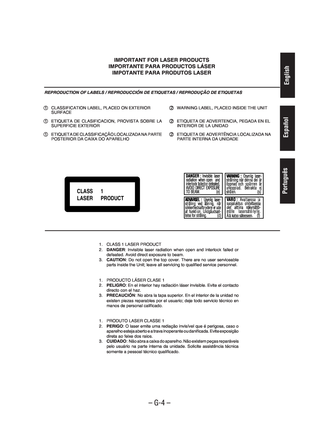 JVC UX-A52 manual English Español, Português, Importante Para Productos Láser, Impotante Para Produtos Laser, G-4 