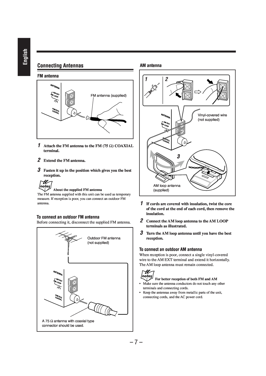 JVC UX-A52 manual English, Connecting Antennas, AM antenna, To connect an outdoor FM antenna 