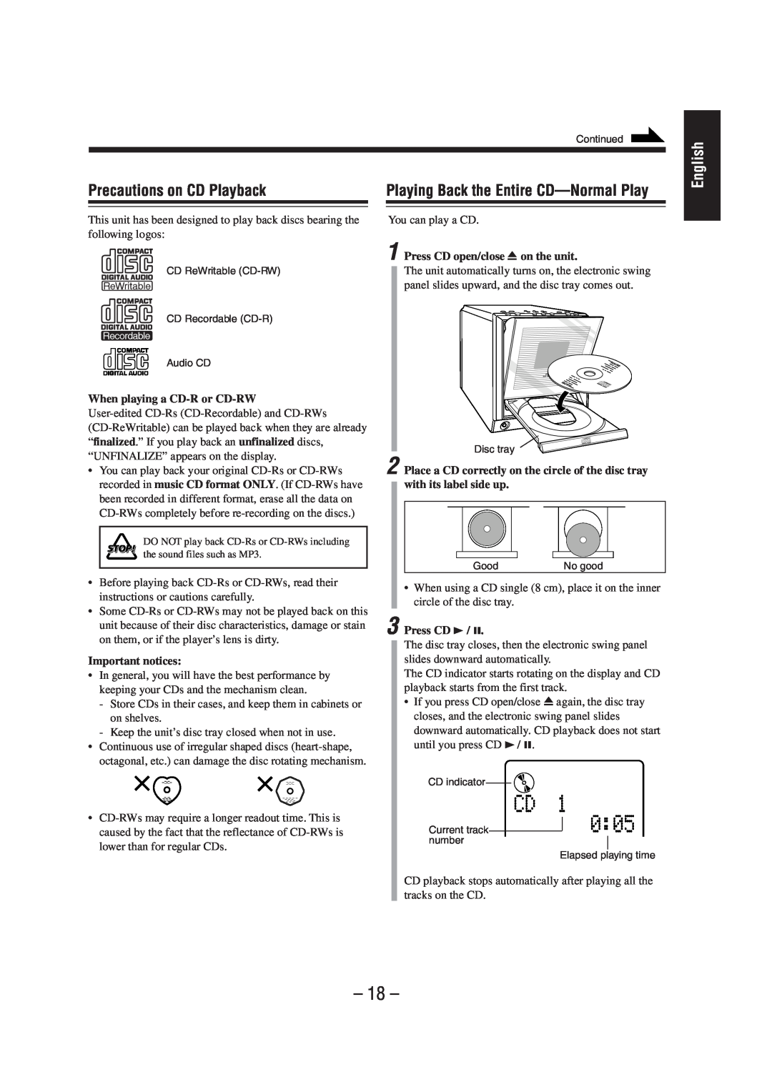 JVC UX-A52 manual Precautions on CD Playback, English, Playing Back the Entire CD-NormalPlay 