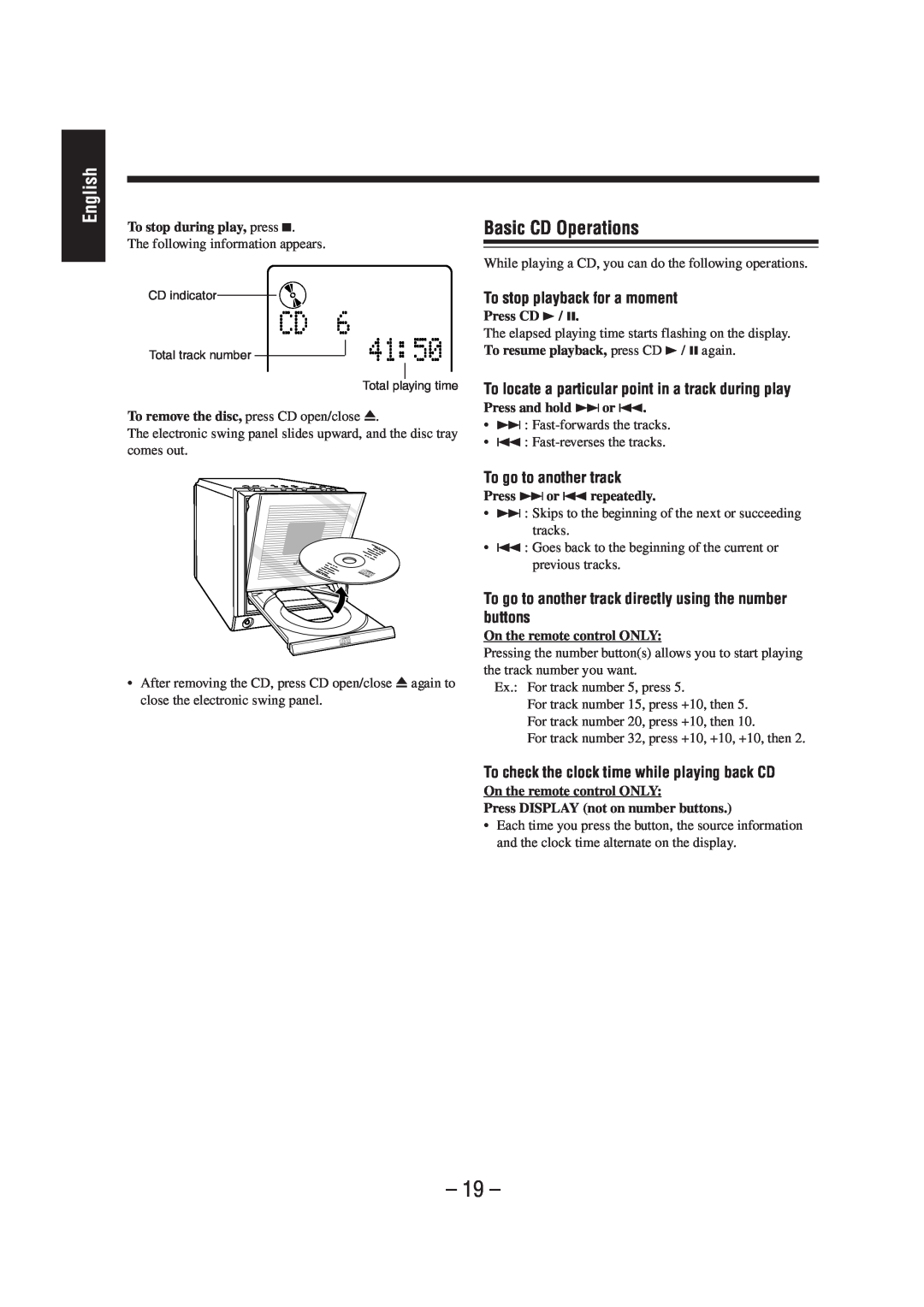 JVC UX-A52 manual English, Basic CD Operations, To stop playback for a moment, To go to another track 