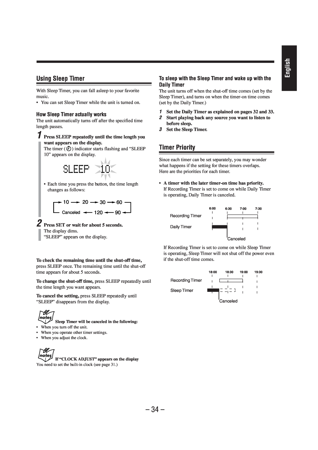 JVC UX-A52 manual Using Sleep Timer, Timer Priority, English, How Sleep Timer actually works 