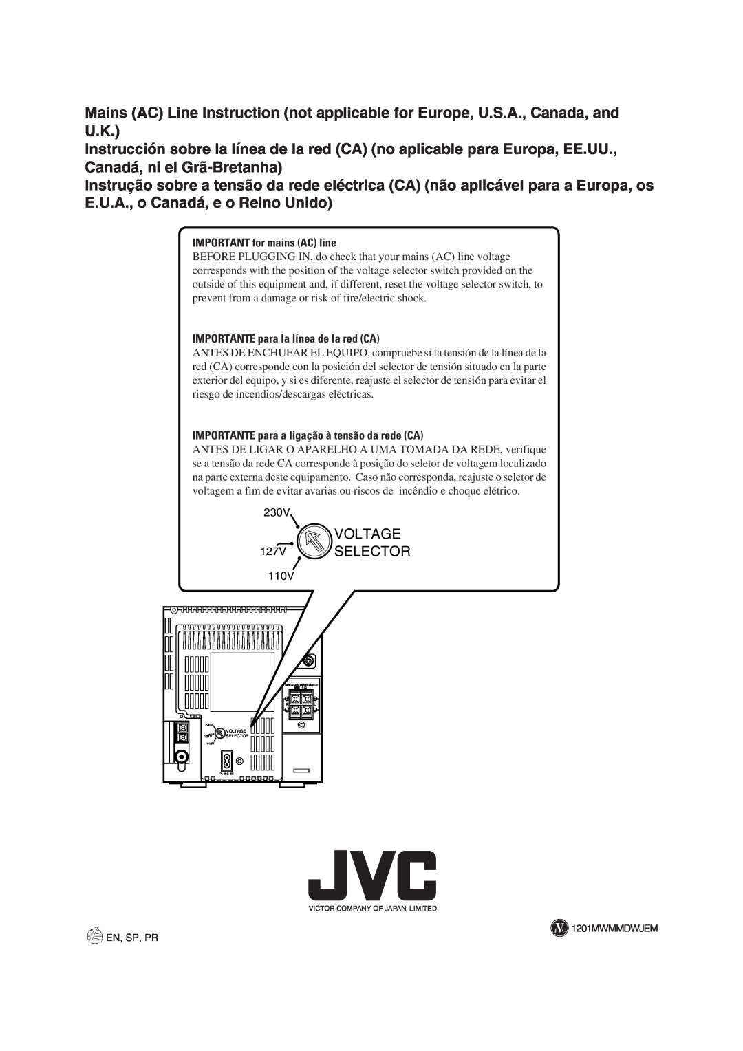 JVC UX-A52 En, Sp, Pr, IMPORTANT for mains AC line, IMPORTANTE para la línea de la red CA, 230V, Voltage, 127V, Selector 