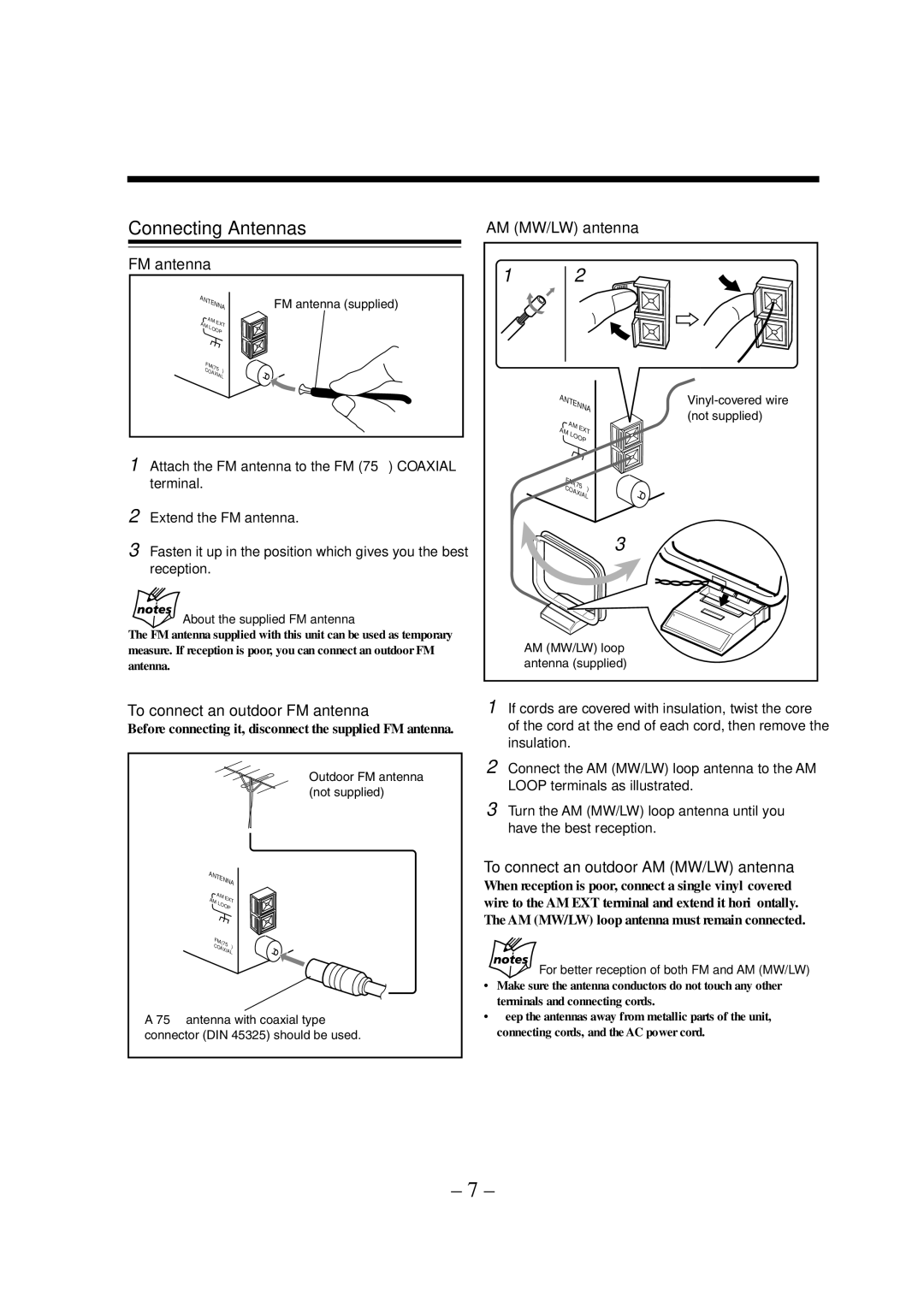 JVC UX-A52R manual Connecting Antennas, To connect an outdoor FM antenna, AM MW/LW antenna 