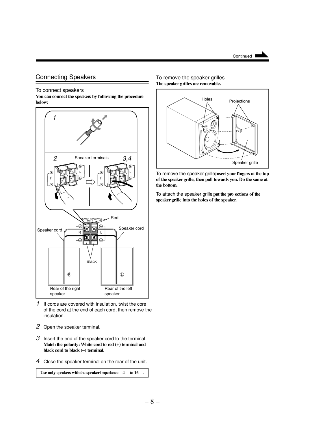 JVC UX-A52R manual Connecting Speakers, To connect speakers, To remove the speaker grilles 