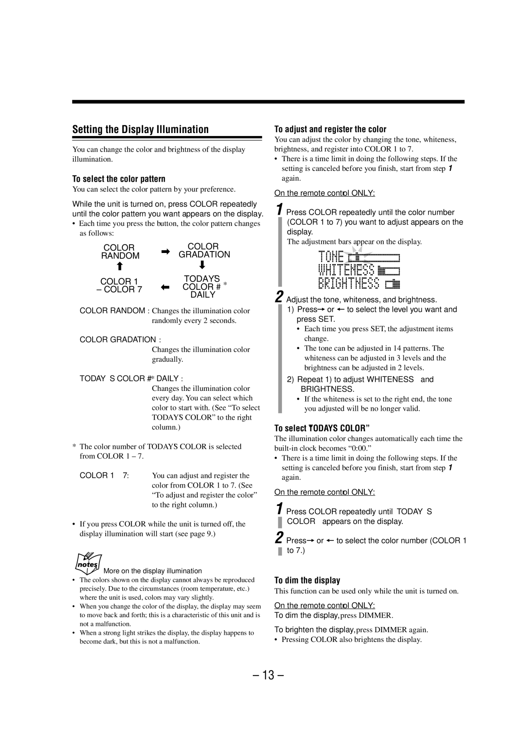 JVC UX-A52R manual Setting the Display Illumination, To select the color pattern, To adjust and register the color 