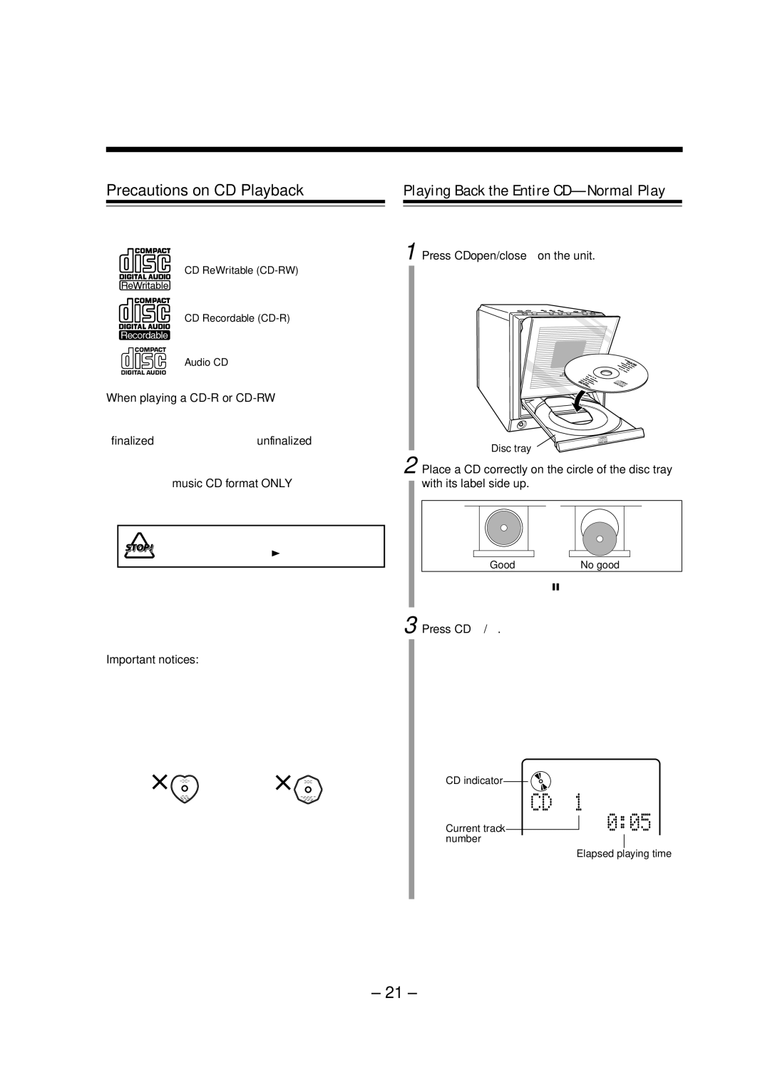 JVC UX-A52R manual Precautions on CD Playback, Playing Back the Entire CD-Normal Play 