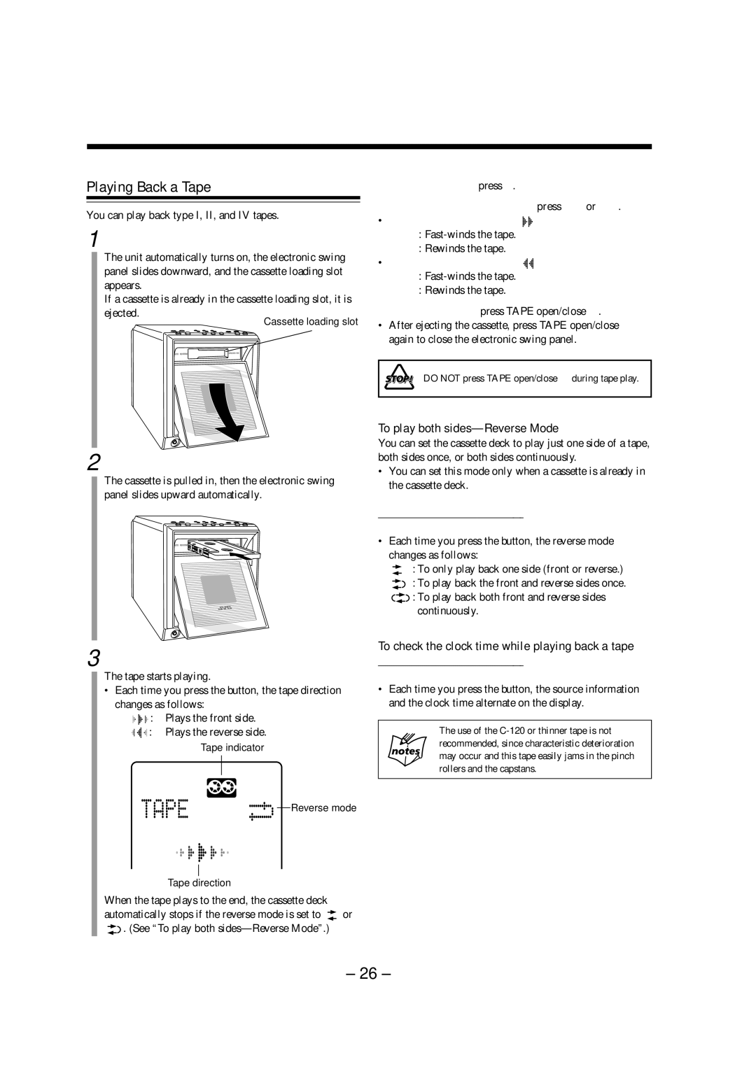 JVC UX-A52R manual Playing Back a Tape, To play both sides-Reverse Mode, To check the clock time while playing back a tape 