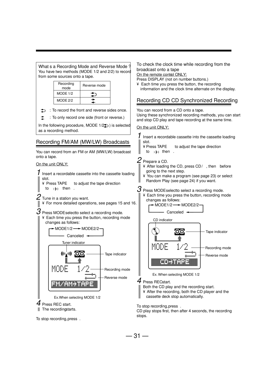 JVC UX-A52R manual Recording FM/AM MW/LW Broadcasts, What’s a Recording Mode and Reverse Mode ? 