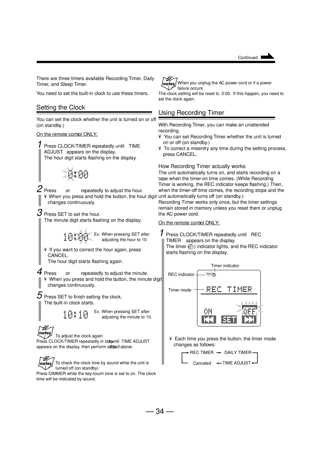 JVC UX-A52R manual Setting the Clock, Using Recording Timer, How Recording Timer actually works 