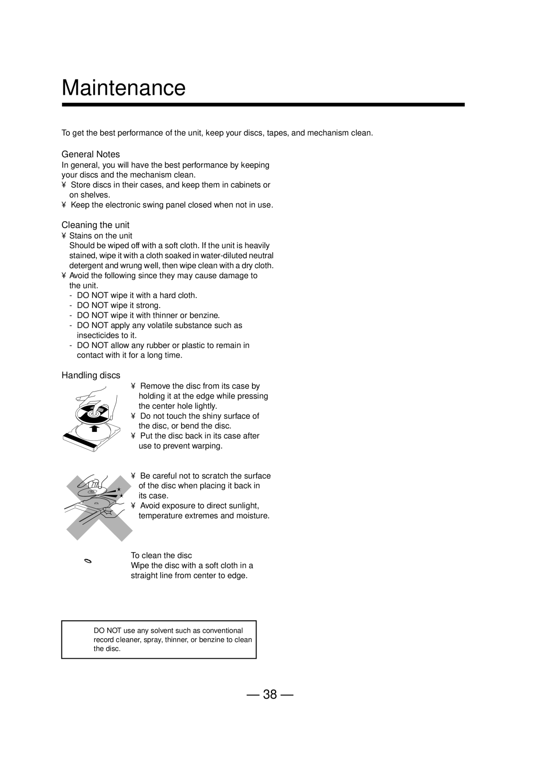 JVC UX-A52R manual Maintenance, General Notes, Cleaning the unit, Handling discs, Handling cassette tapes 