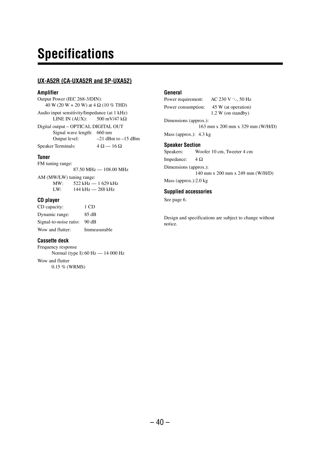 JVC UX-A52R manual Specifications 