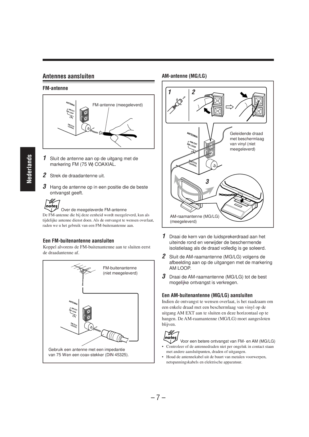 JVC UX-A52R manual Antennes aansluiten, FM-antenne, Een FM-buitenantenne aansluiten, AM-antenne MG/LG 