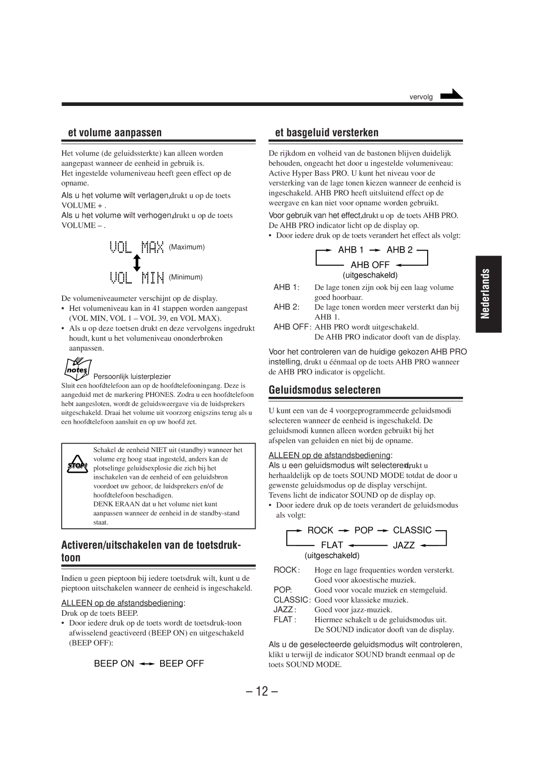 JVC UX-A52R manual Het volume aanpassen, Activeren/uitschakelen van de toetsdruk- toon, Het basgeluid versterken 