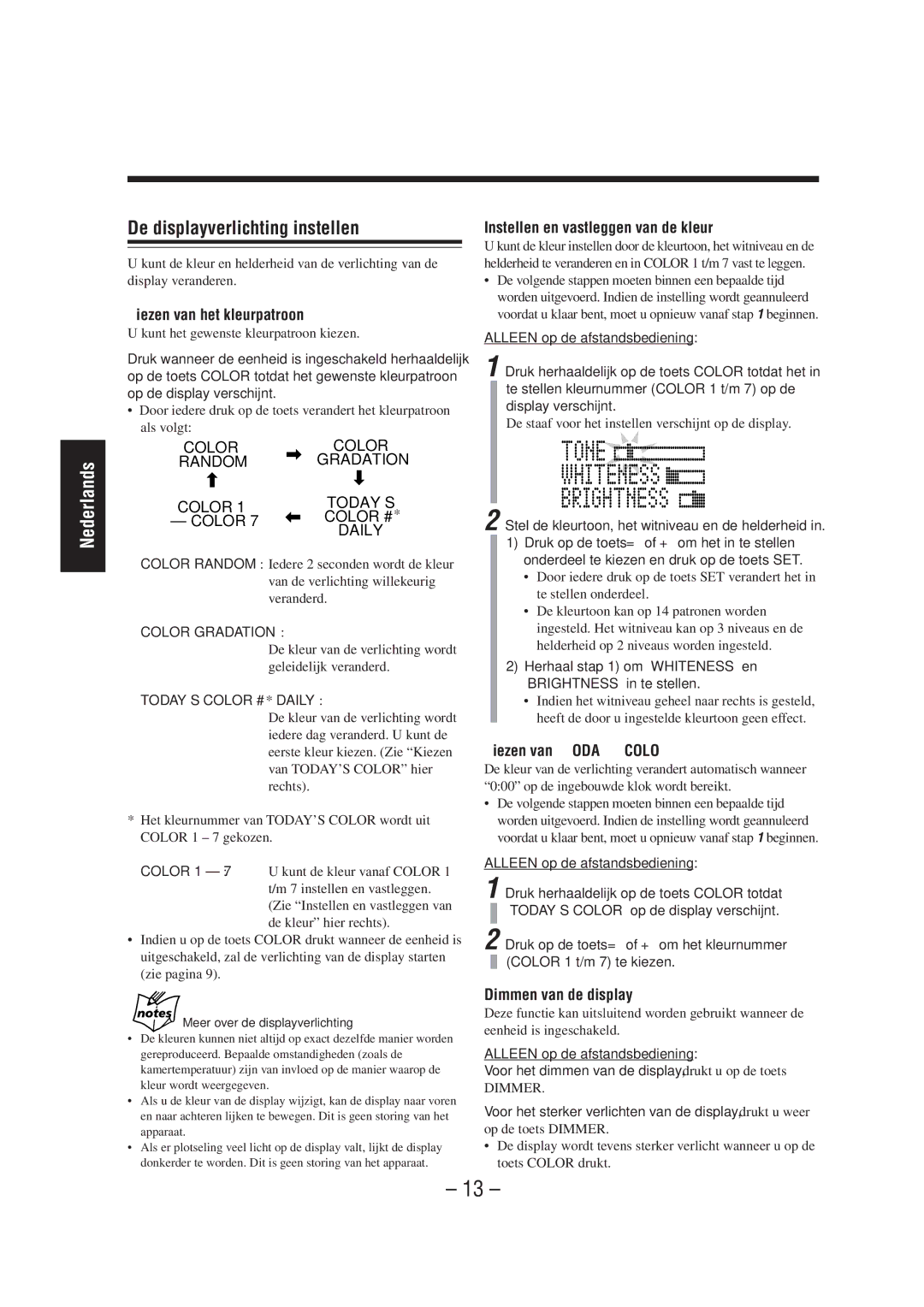 JVC UX-A52R manual De displayverlichting instellen, Kiezen van het kleurpatroon, Instellen en vastleggen van de kleur 