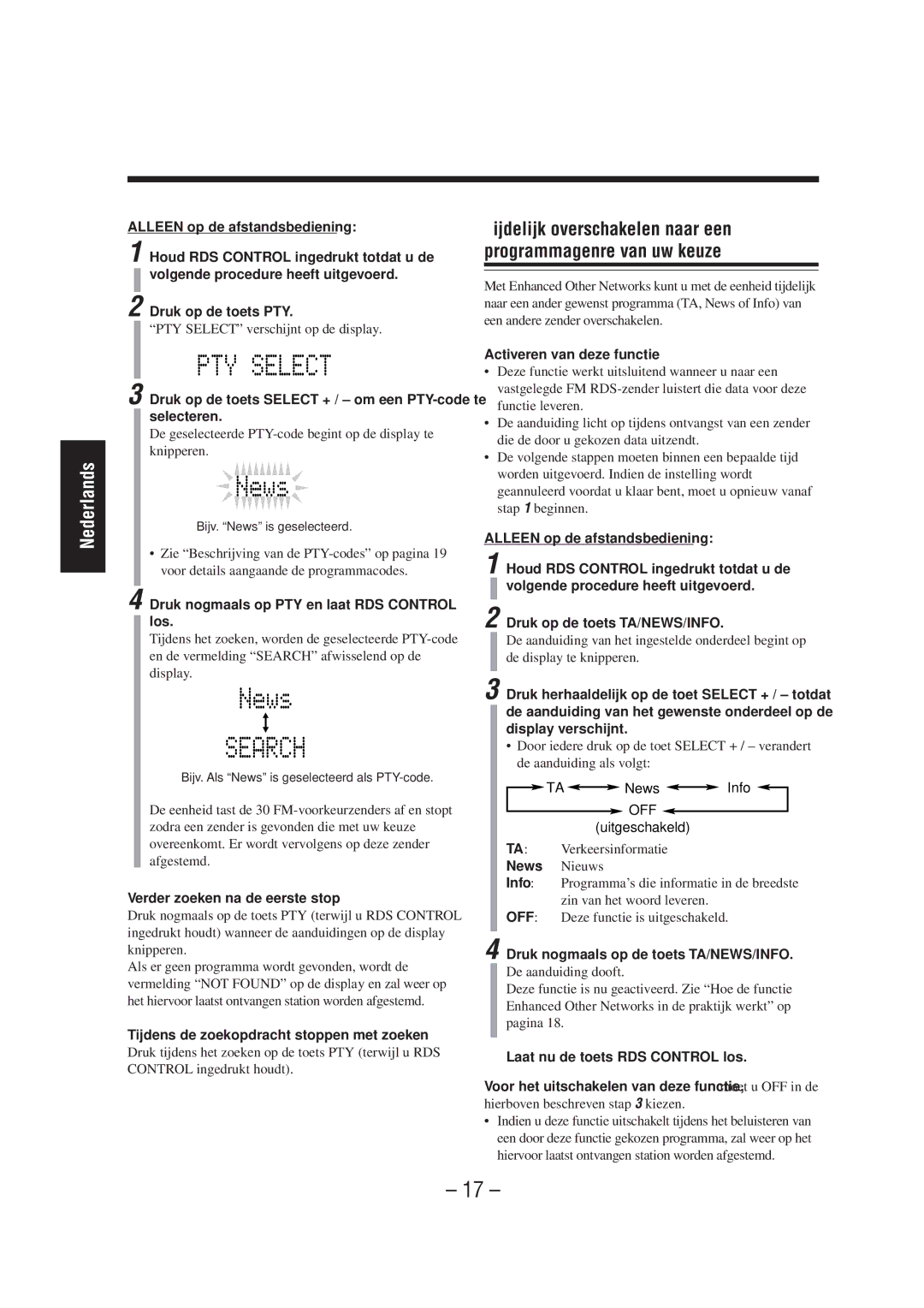 JVC UX-A52R Druk op de toets Select + / om een PTY-code te selecteren, Druk nogmaals op PTY en laat RDS Control los, News 