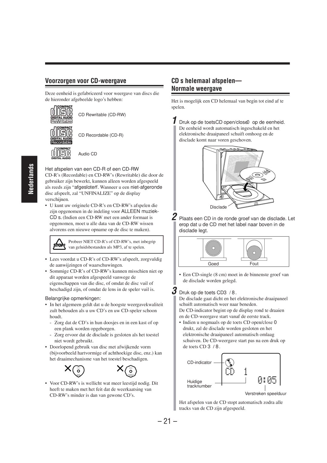 JVC UX-A52R manual Voorzorgen voor CD-weergave, CD’s helemaal afspelen Normale weergave 