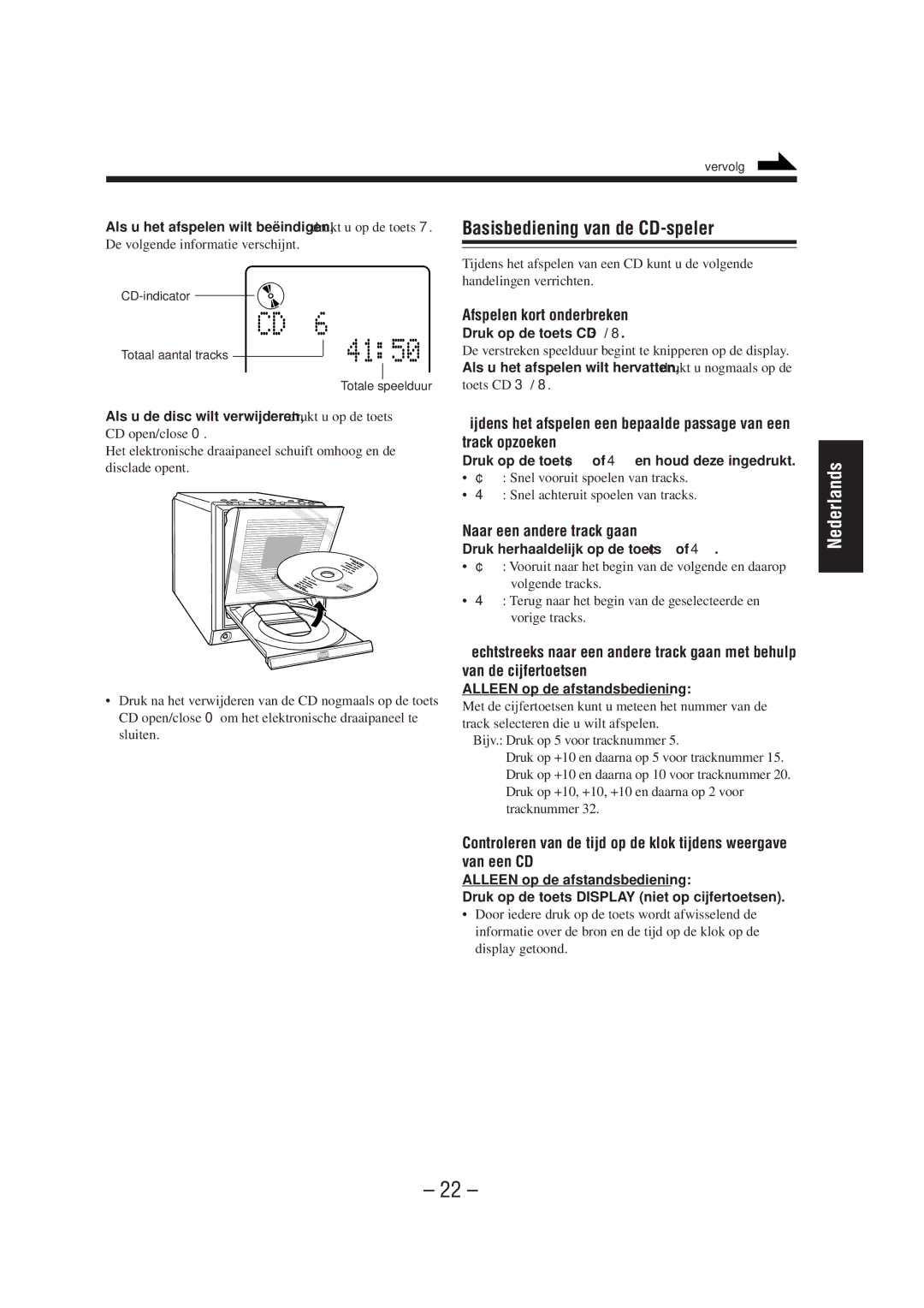 JVC UX-A52R manual Basisbediening van de CD-speler, Afspelen kort onderbreken, Naar een andere track gaan 