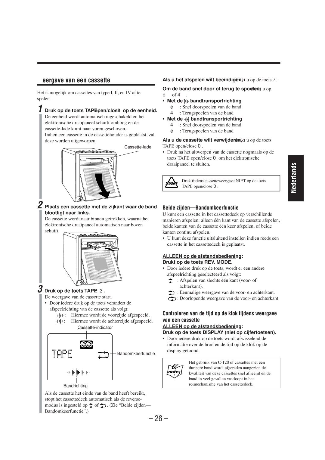 JVC UX-A52R manual Weergave van een cassette, Beide zijden-Bandomkeerfunctie 