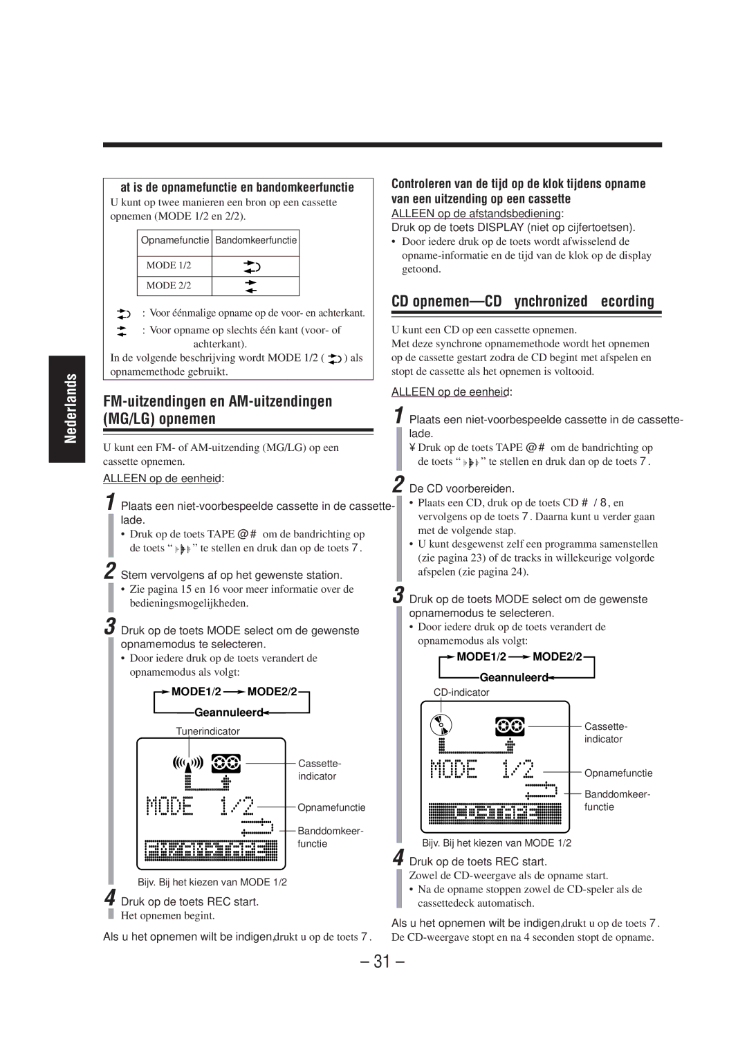 JVC UX-A52R manual FM-uitzendingen en AM-uitzendingen MG/LG opnemen, Stem vervolgens af op het gewenste station 