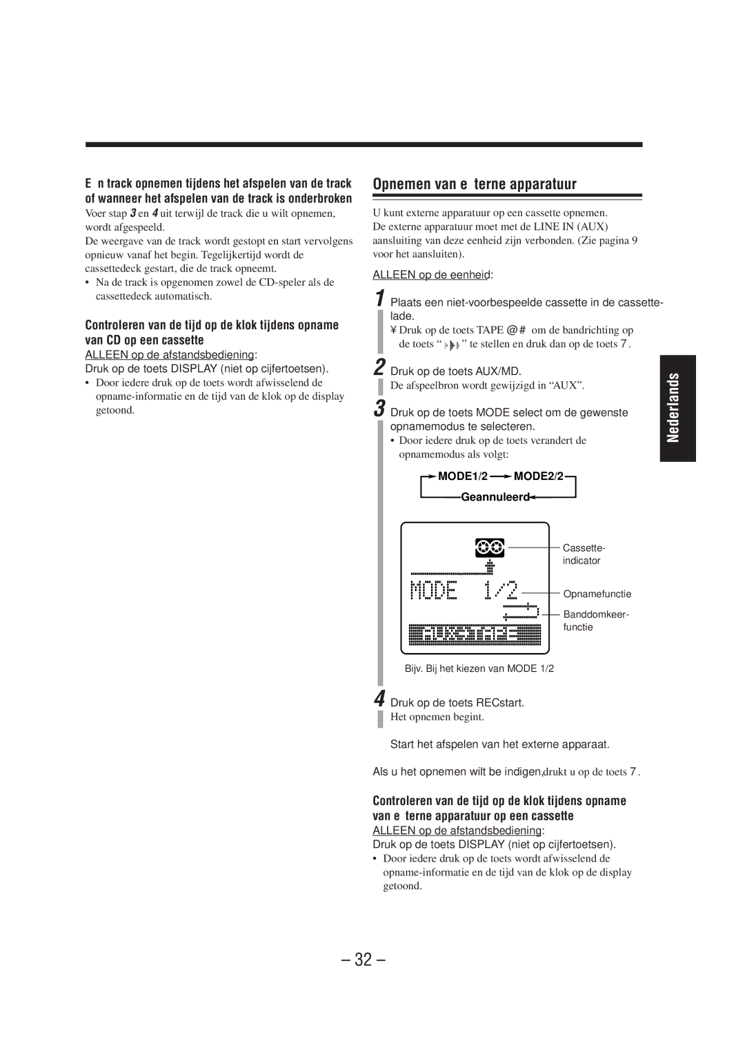 JVC UX-A52R manual Opnemen van externe apparatuur, Druk op de toets AUX/MD 