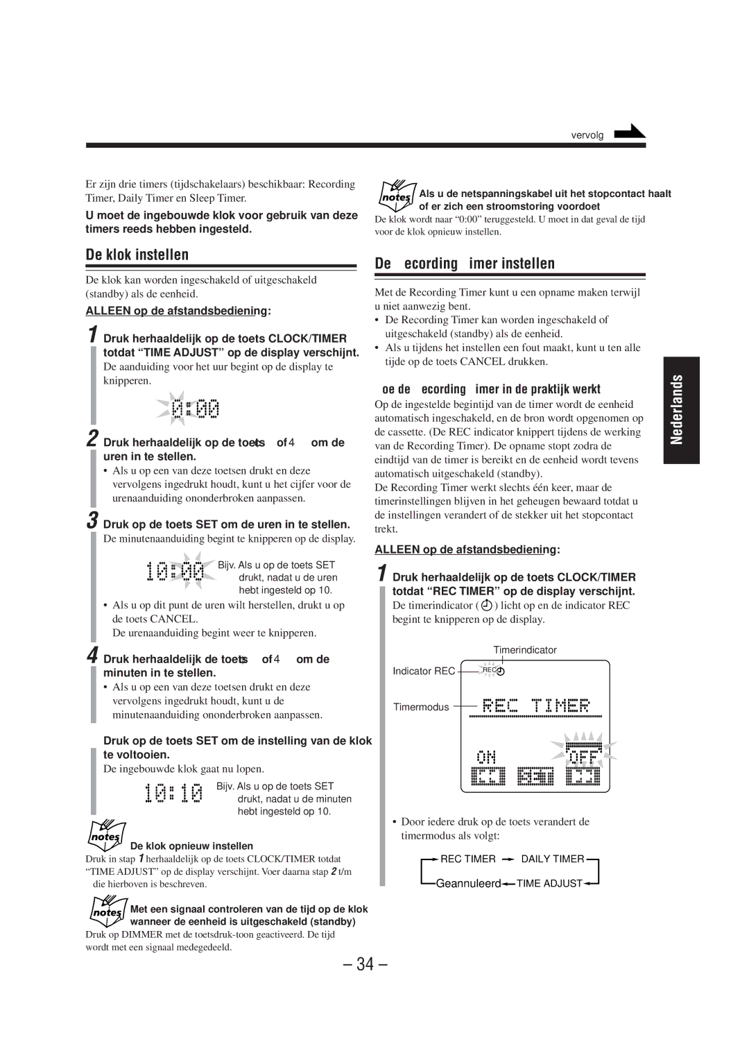 JVC UX-A52R manual De klok instellen De Recording Timer instellen, Hoe de Recording Timer in de praktijk werkt 