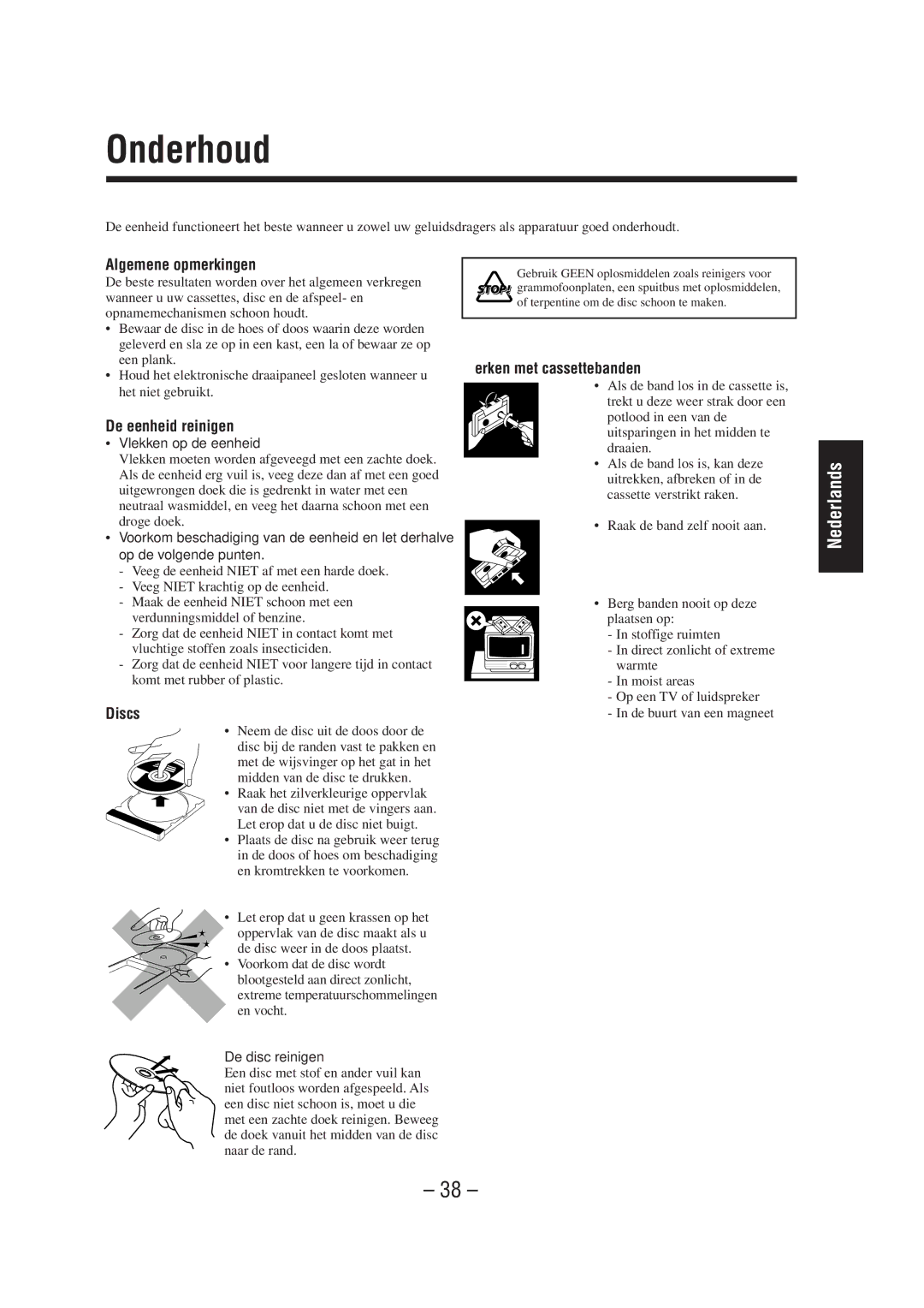 JVC UX-A52R manual Onderhoud, Algemene opmerkingen, De eenheid reinigen, Discs, Werken met cassettebanden 